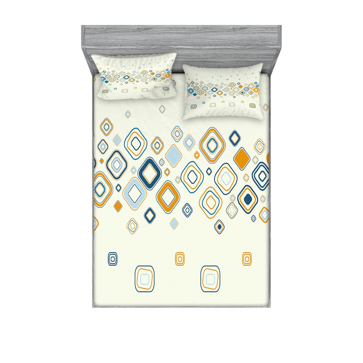 Ambesonne Modern 2-Pack Queen Size Fitted Sheet Set with 4 Pillow Shams - Geometric Pattern Bedding in Cream Marigold & Pale Blue - Soft Wrinkle-Resistant Sheets for Guest Rooms, Dorms & Master Bedrooms