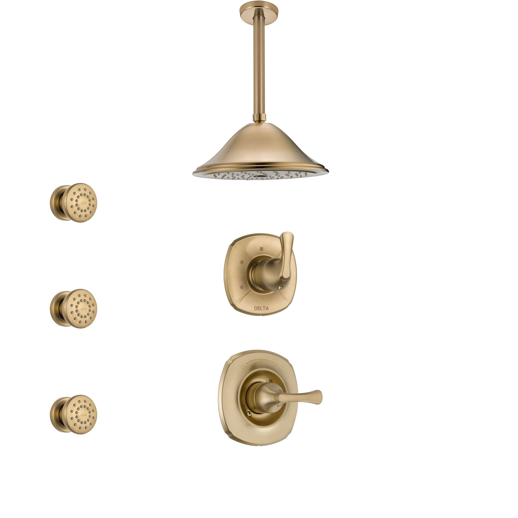 Delta Addison Champagne Bronze Shower System with Control Handle, 3-Setting Diverter, Ceiling Mount Showerhead & 3 Body Sprays - SS1492CZ2 | Luxury Bathroom Upgrade for Spa-Like Experience