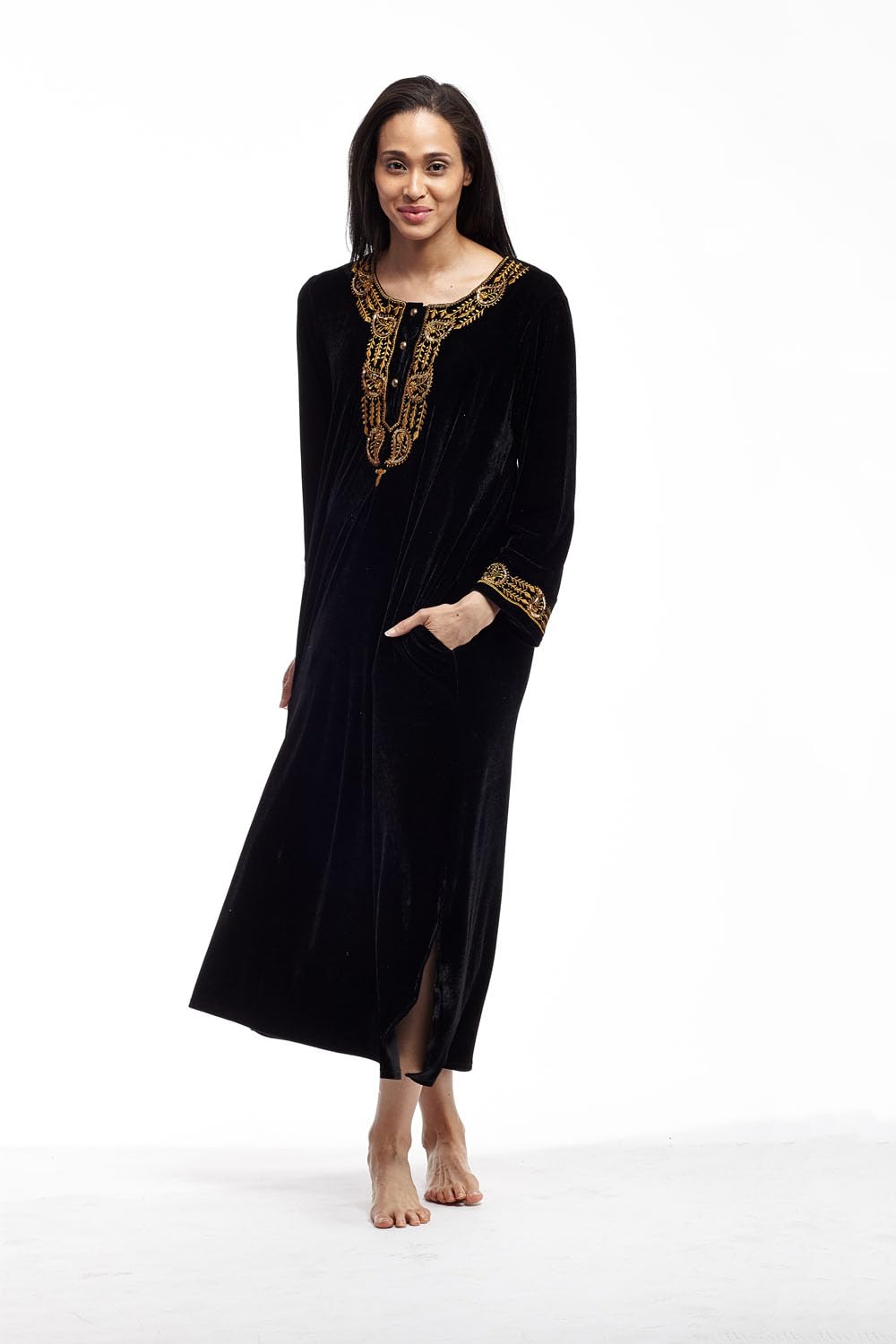 LA CERA Women's Velvet Embroidered Dress - Elegant Scoop Neck Long Sleeve Formal Dress with Side Pockets for Holiday Parties, Weddings & Evening Events (Hand Wash Only)