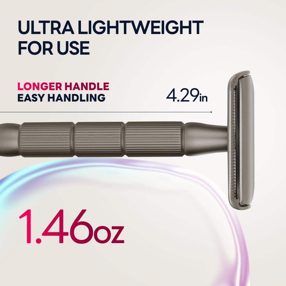 Premium Champagne Gold Safety Razor with Long Handle & 60 Double Edge Razor Blades - Smooth Shaving for Men & Women, Perfect for Travel & Gift Giving
