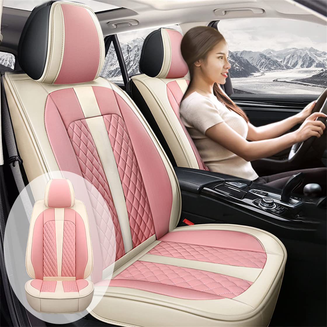 Premium Faux Leather Car Seat Covers Set for 2019 Honda Clarity Electric - Front & Rear Seat Protectors (Beige/Pink) | Waterproof & Anti-Slip Auto Cushions for Enhanced Comfort & Vehicle Interior Protection | Perfect for Daily Commute, Road Trips & Family Travel