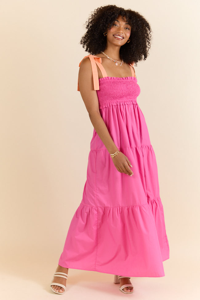 Season Of Bliss Pink Smocked Bust Maxi Dress - Flowy Summer Dress for Women, Beach Wedding Guest Dress, Boho Chic Maternity Dress - Perfect for Vacations, Parties & Special Occasions
