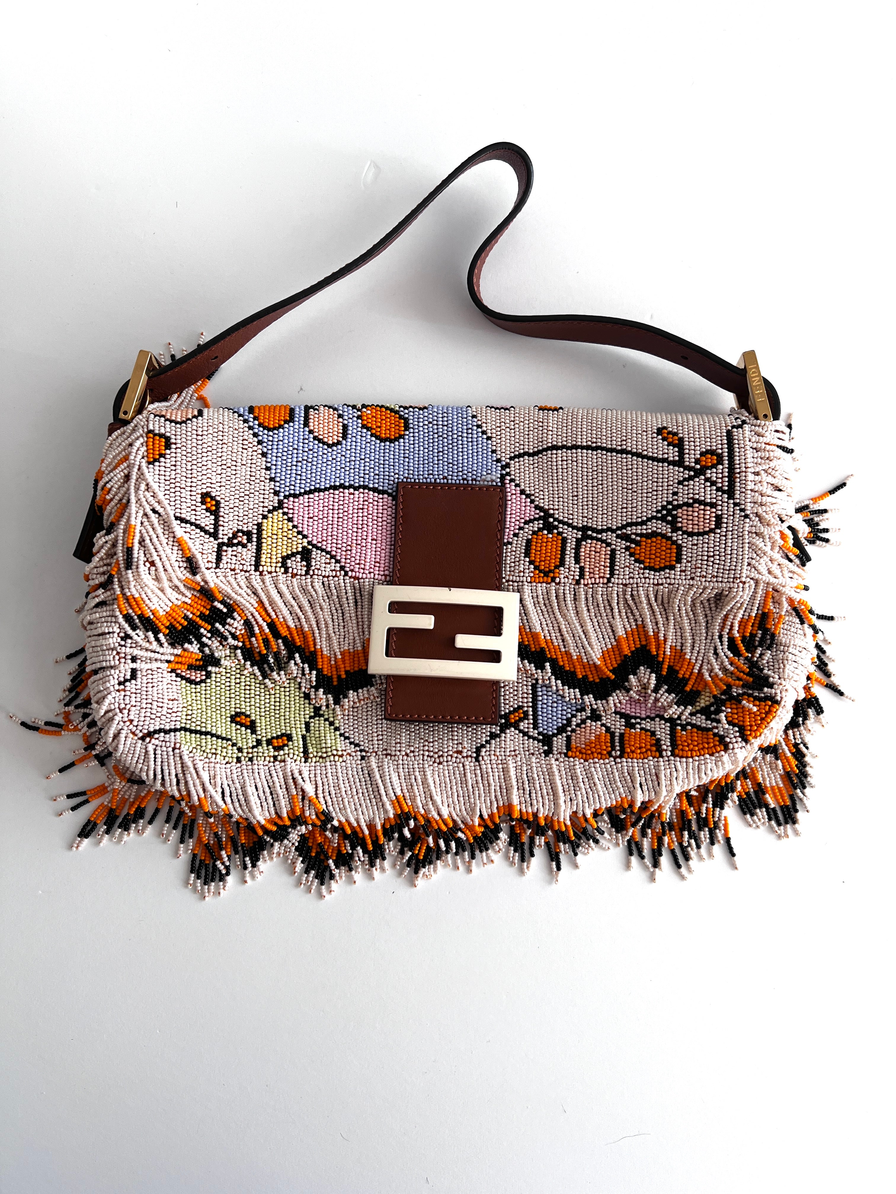 Fendi Beaded Baguette Bag with Fringe Detail - Elegant Crossbody Purse for Women, Perfect for Parties, Weddings & Evening Events