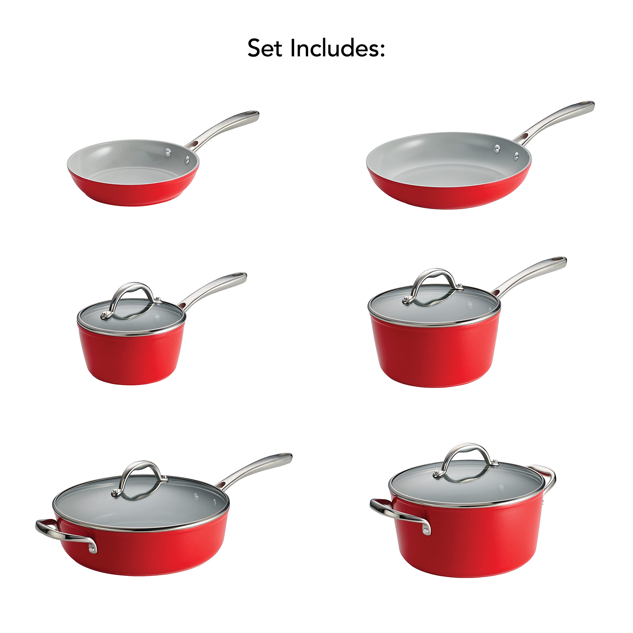 Tramontina 10-Piece Ceramic Non-Stick Cookware Set with Lids - Heavy-Gauge Aluminum Pots & Pans Kitchen Set - Oven & Dishwasher Safe - Scratch Resistant Coating - Red - Perfect for Frying, Boiling & Baking in Modern Kitchens