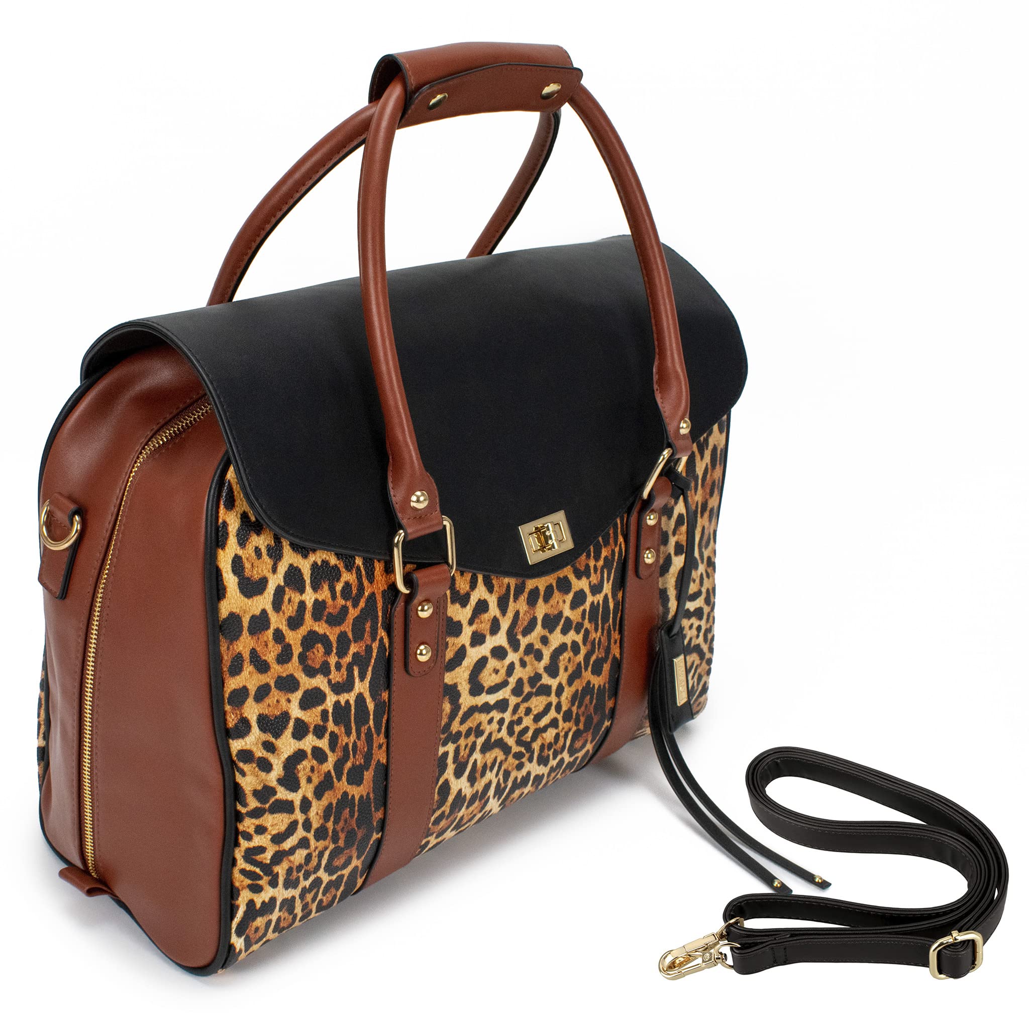 Badgley Mischka Leopard Print Weekender Tote Bag - Stylish Carry-On Travel Bag for Women, Spacious Animal Print Overnight Bag (Perfect for Weekend Getaways, Business Trips & Airplane Travel)