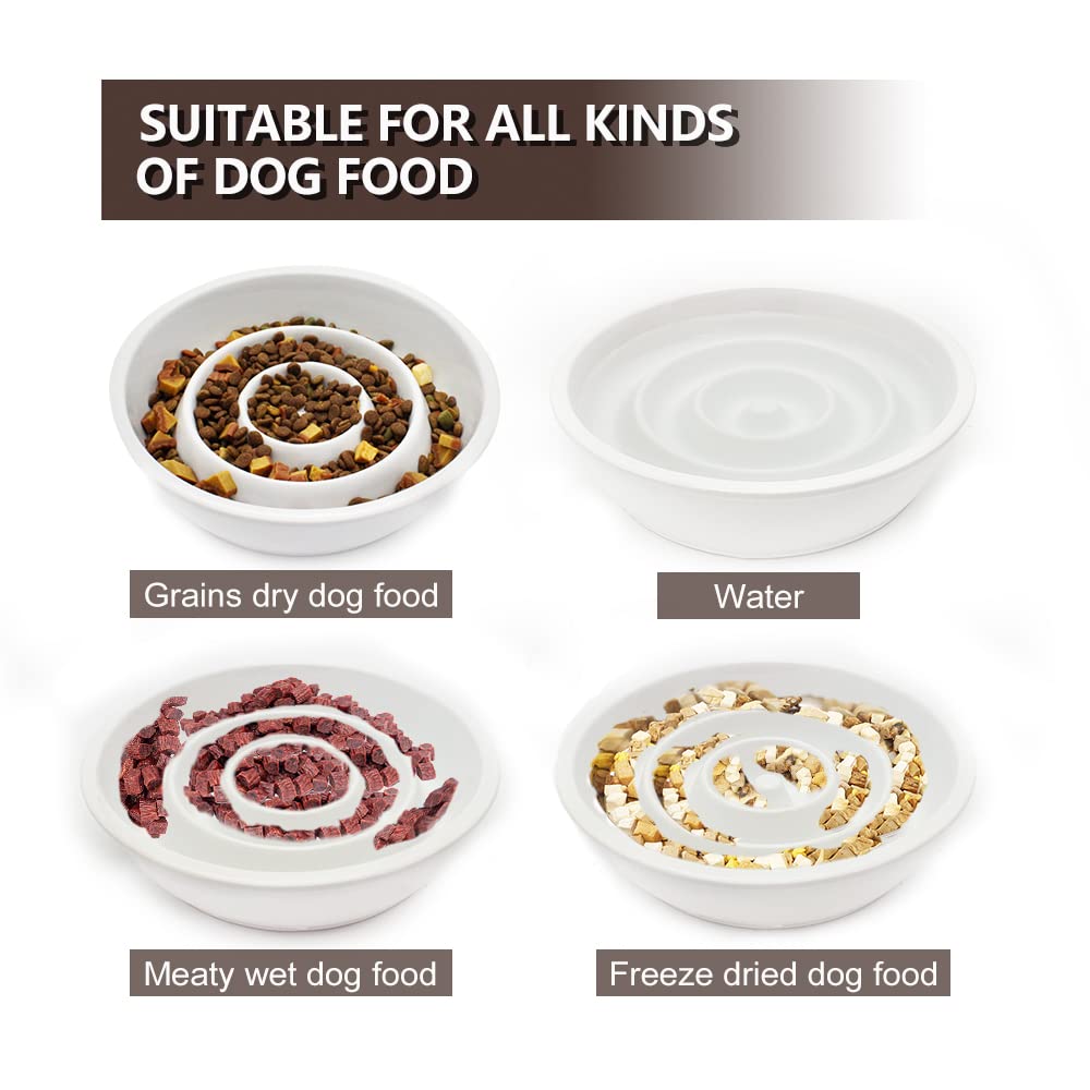 GH Ceramic Slow Feeder Dog Bowl for Small & Medium Dogs - 3 Cup Capacity with 2 Free Flying Disc Toys - Anti-Choke Design for Fast Eaters - Perfect for Mealtime Fun & Outdoor Play (White)