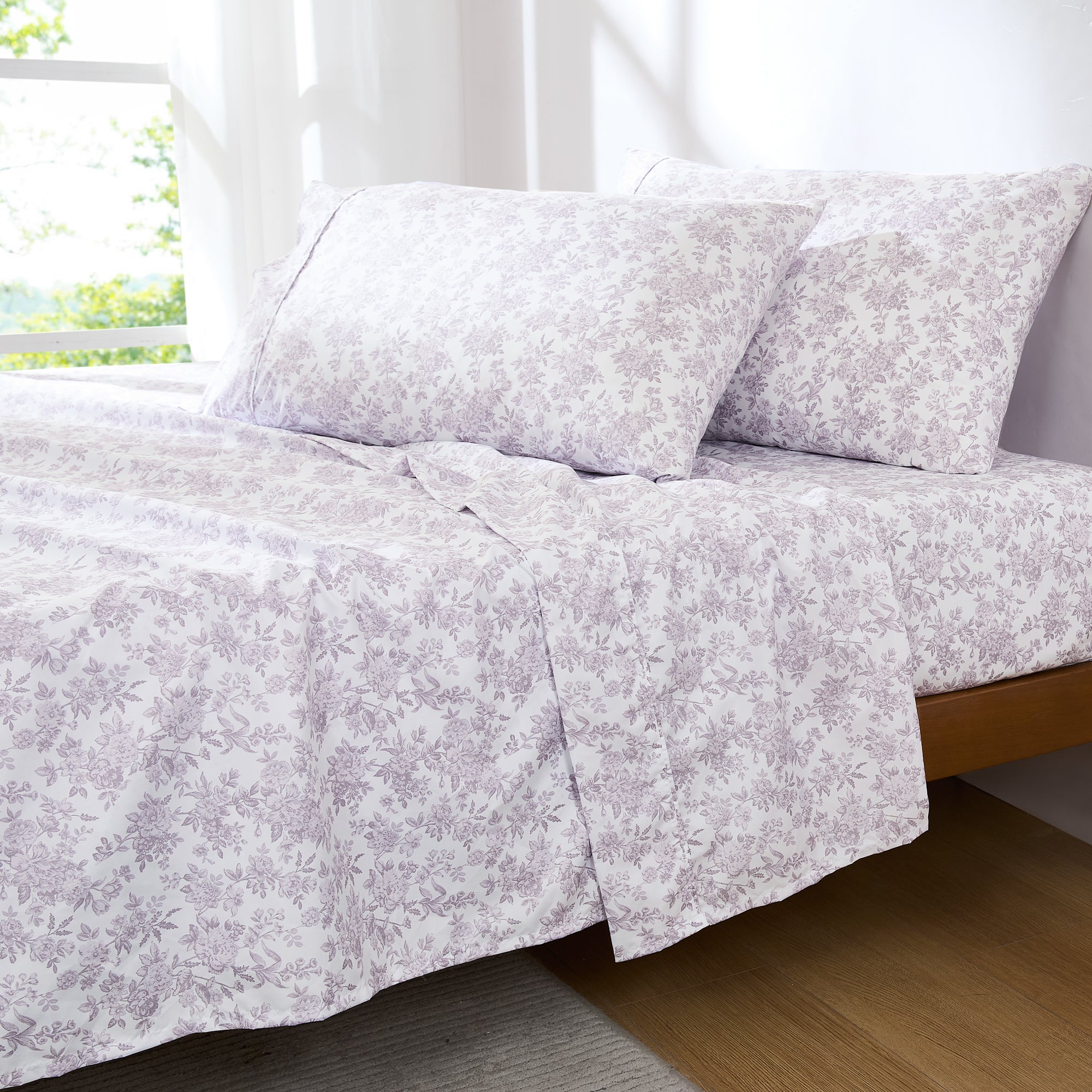 Premium Peony Floral Toile Sheet Set - 100% Cotton Luxury Bedding for Master Bedroom & Guest Room - Soft Breathable Sheets for All Seasons