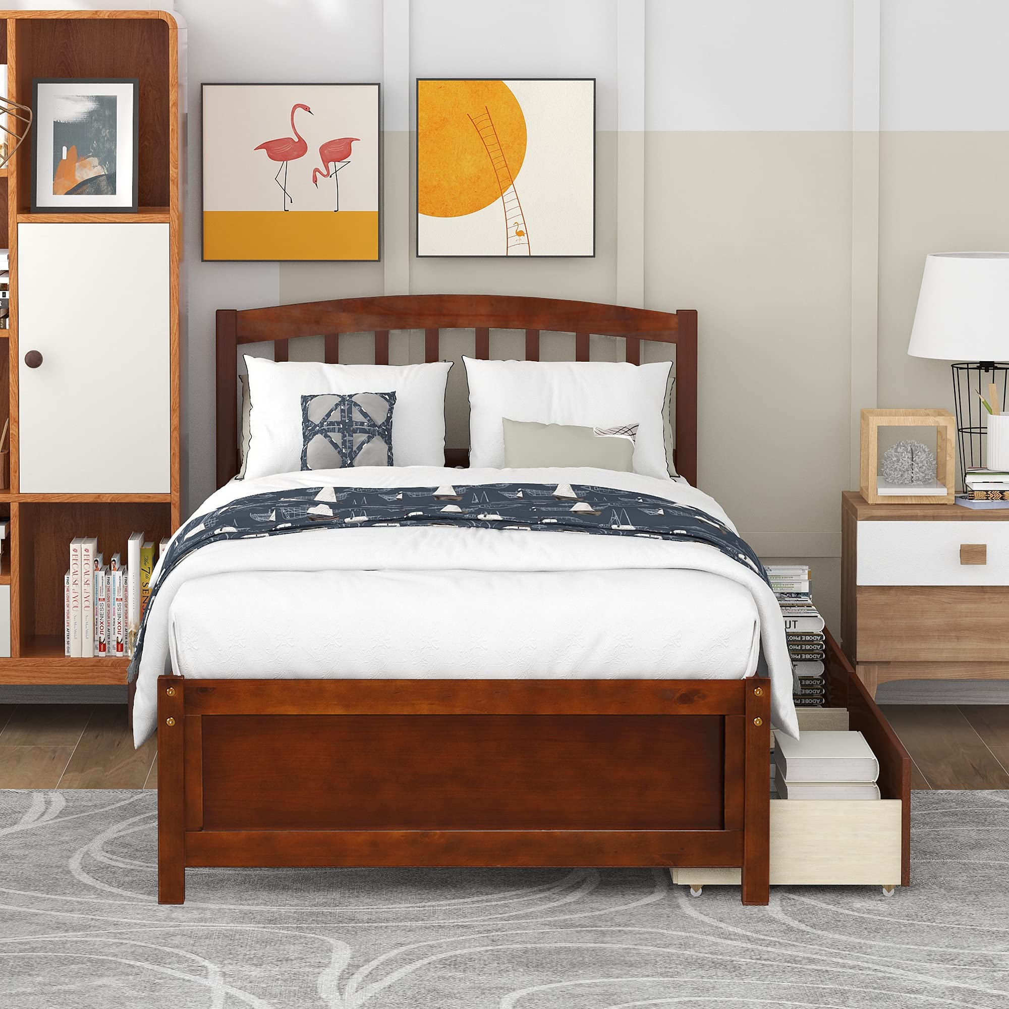 Harper & Bright Designs Twin Bed Frame with Storage Drawers - Solid Wood Platform Bed with Headboard, Walnut Finish - Perfect for Kids Room, Guest Bedroom & Small Spaces
