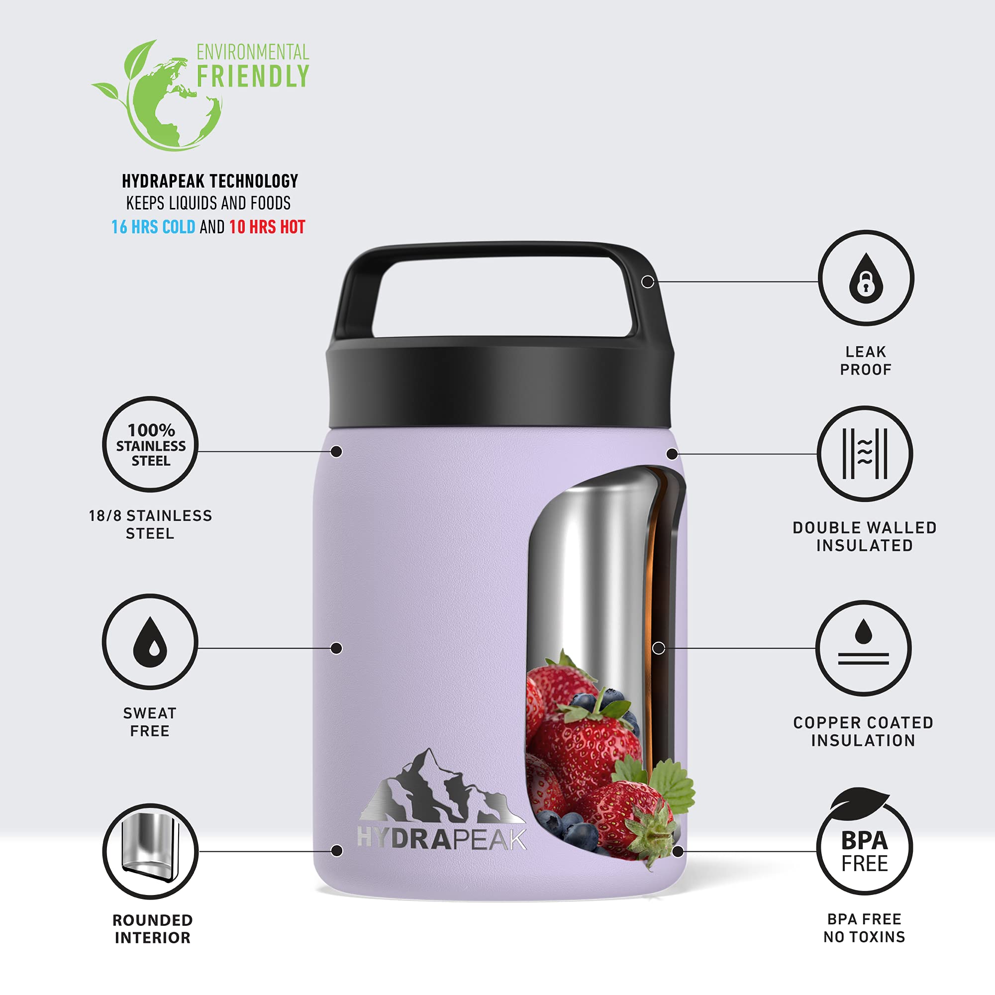Hydrapeak 18 oz Insulated Stainless Steel Food Thermos - Keeps Food Hot & Cold for 12 Hours, Leak-Proof Soup Container for Office Lunch, Outdoor Camping, Hiking & Travel (Lavender)
