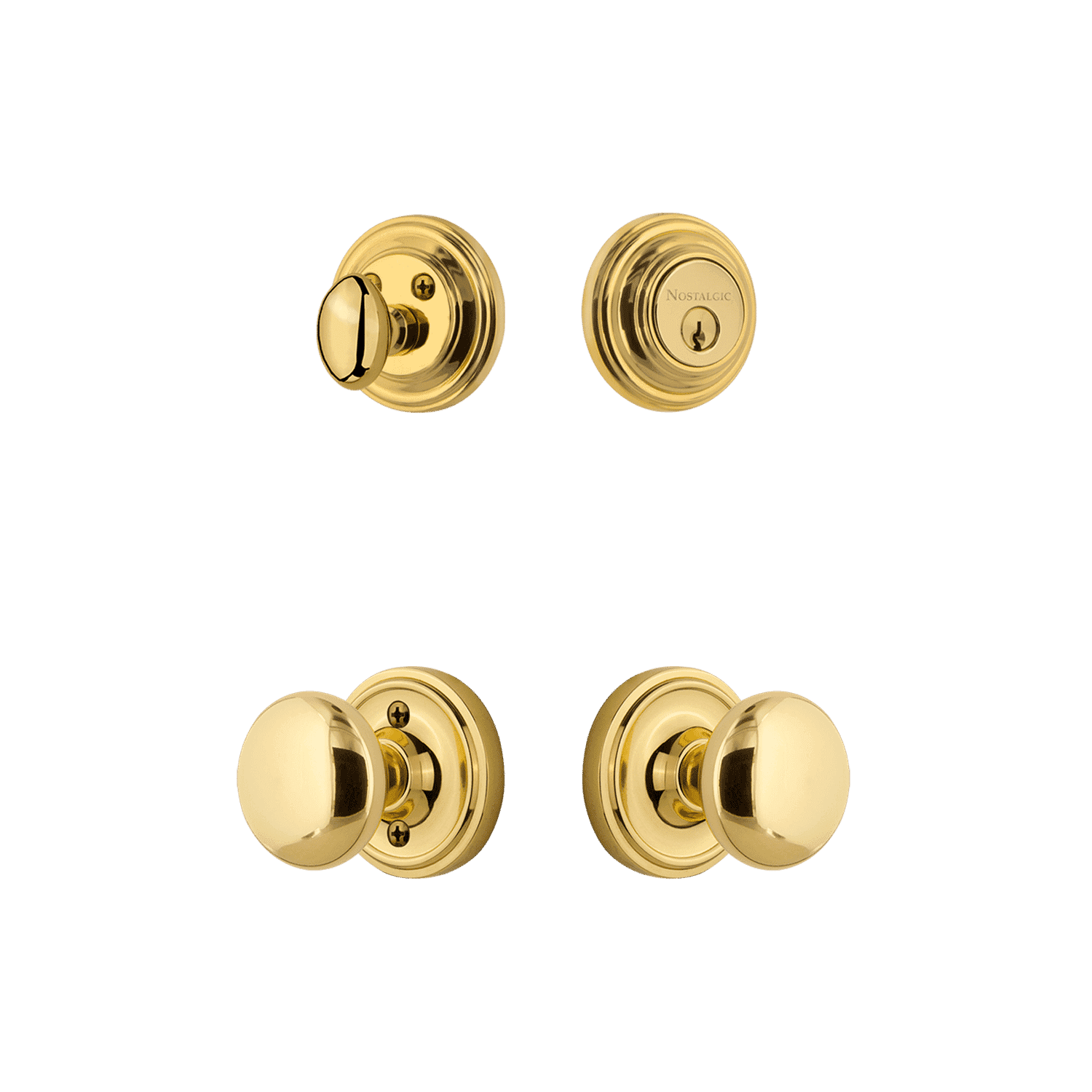 Classic Rosette Entry Set with New York Knob in Unlacquered Brass - Vintage Style Door Hardware for Home & Office - Perfect for Traditional and Modern Interior Design