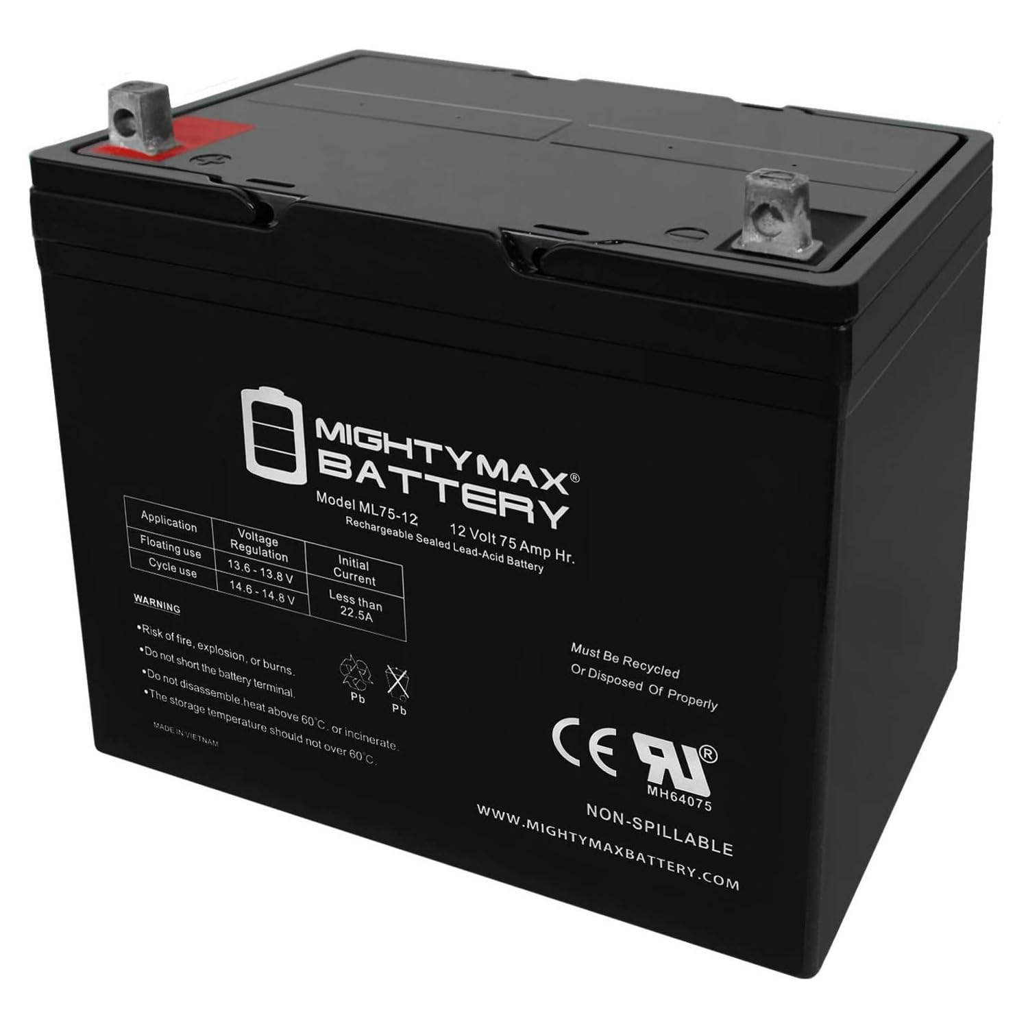 Mighty Max Battery 12V 75Ah Replacement Battery for Power Kingdom PK70-12 - Perfect for Solar Power Systems, Emergency Backup & RV Applications