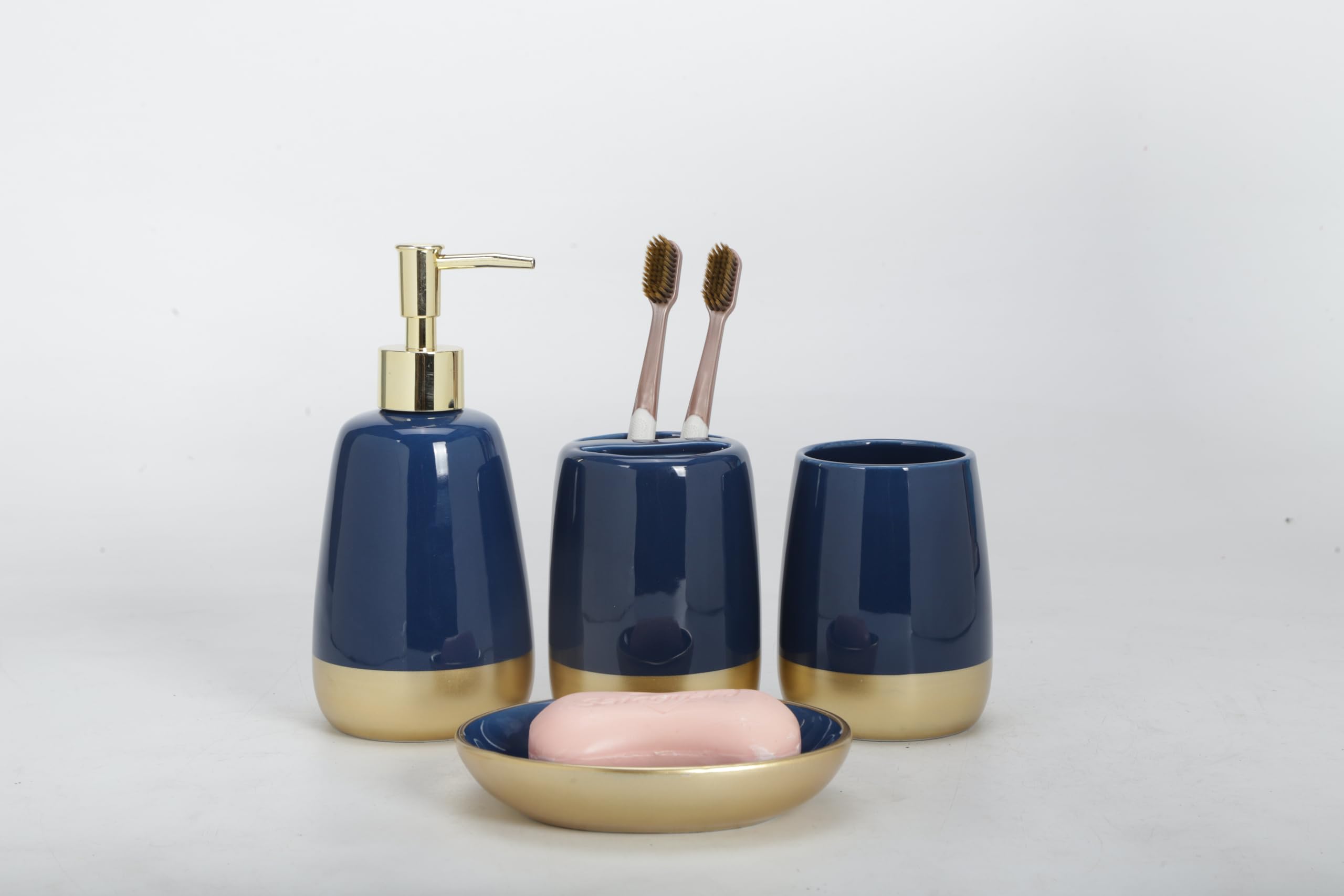 Luxury Navy Blue & Gold 4-Piece Ceramic Bathroom Accessories Set - Soap Dispenser, Toothbrush Holder, Tumbler & Soap Dish | Elegant Vanity Countertop Decor for Modern Bathrooms, Perfect Housewarming Gift & Home Upgrade