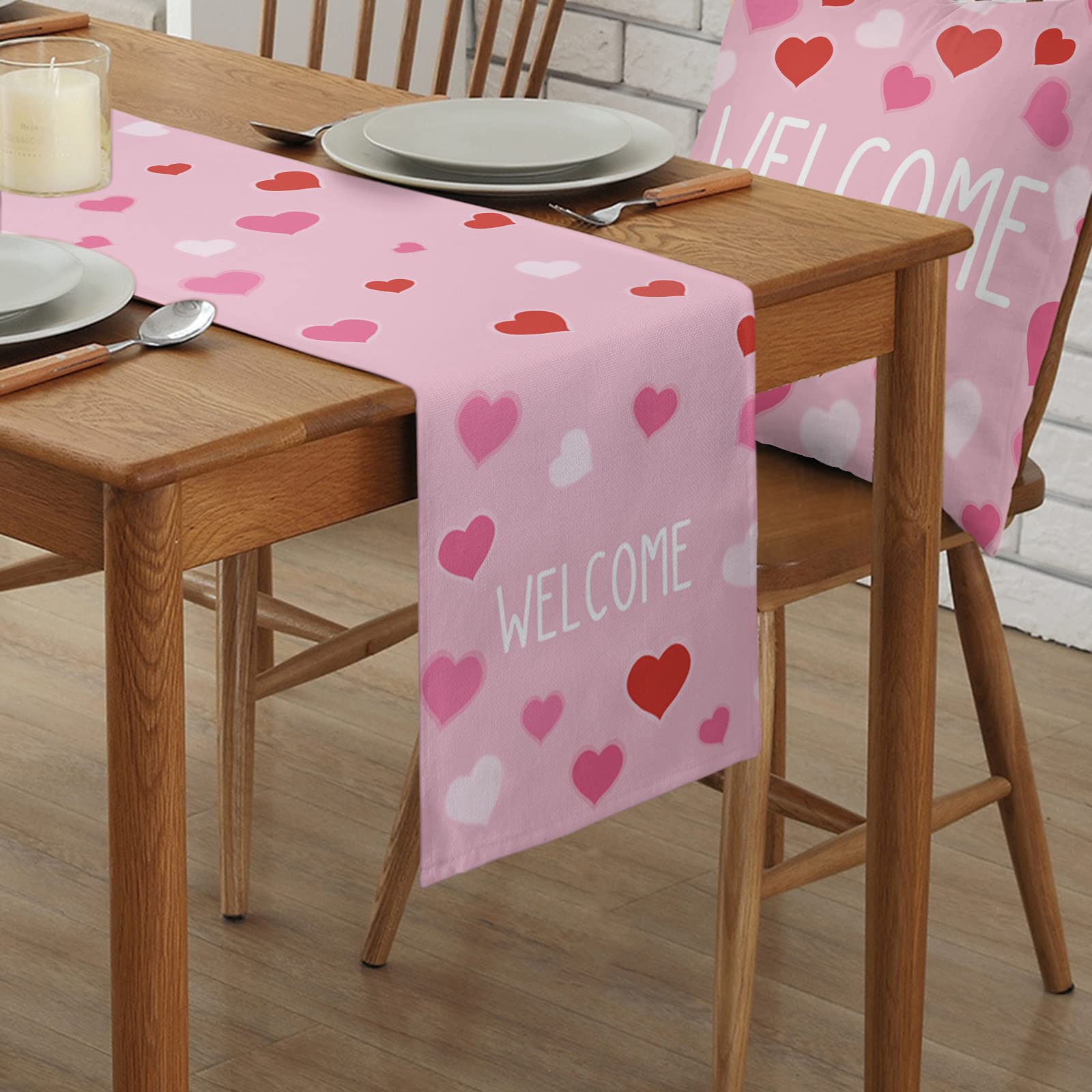 Valentine's Day Table Runner - Red & Pink Heart Design, 13x108 Inch Rectangle Dining Table Scarf for Kitchen, Wedding, Party, Holiday & Outdoor Decor - Perfect for Romantic Dinners & Special Occasions