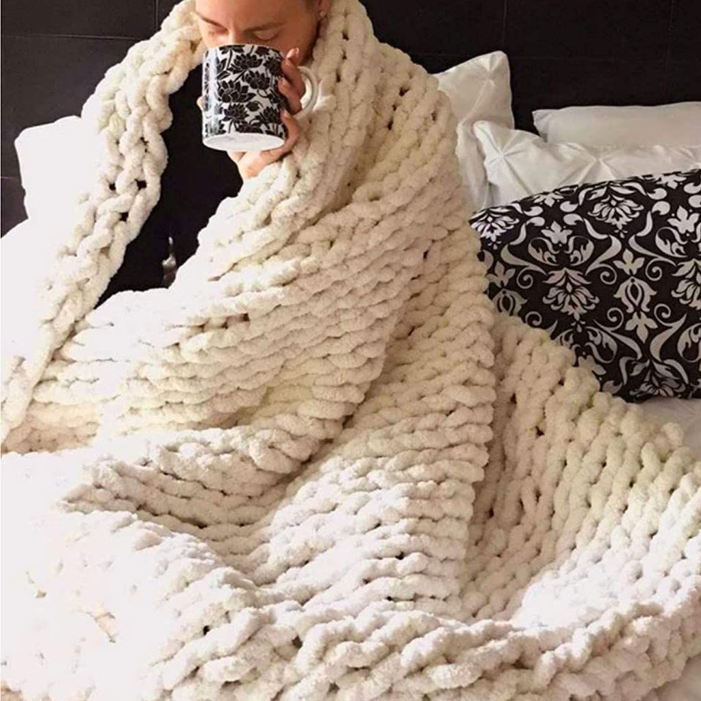 Soft Chunky Knit Throw Blanket - Handmade Cozy Chenille Blanket for Bed, Sofa & Couch - Boho Fluffy Thick Tightly Woven Blanket - Beige 39x47 Inches - Perfect for Winter Nights, Living Room Decor & Gift Giving