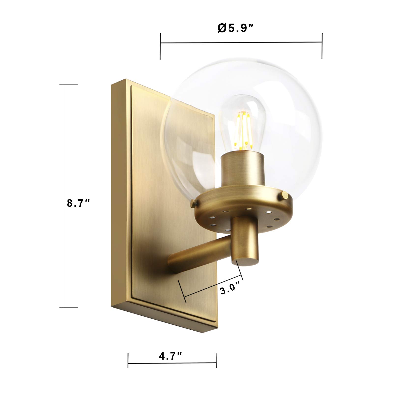 Globe Wall Sconce with Bell Glass Shade - Modern Bathroom Vanity Lighting Fixture for Powder Room, Master Bath & Hallway Decor