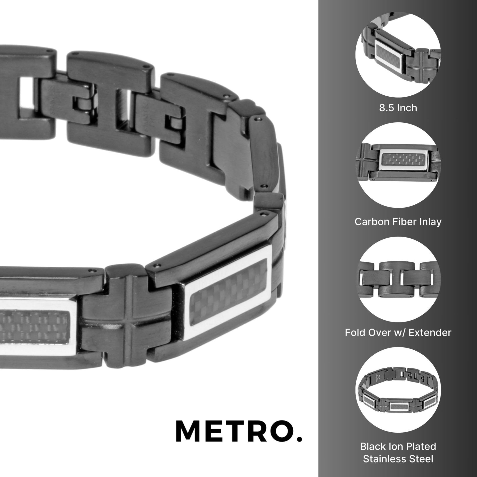 Men's Stainless Steel Carbon Fiber Link Bracelet - Black Ion Plated, 8.5 Inch Length, 13.2mm Width with Secure Fold Over Clasp | Durable Fashion Accessory for Business, Casual & Formal Occasions