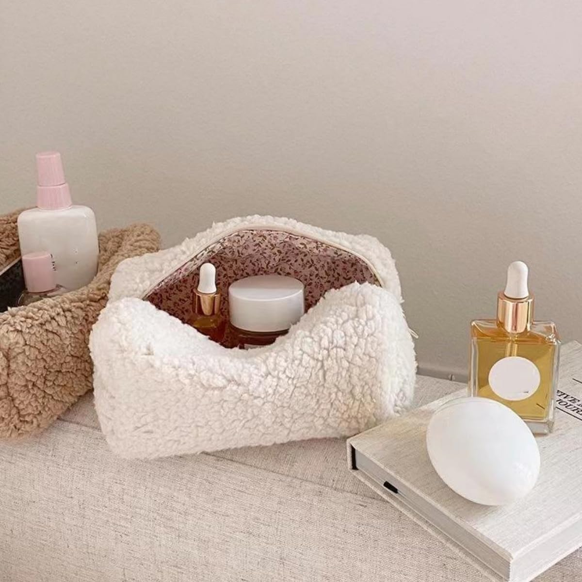 Soft Plush Makeup Bag for Women - Large Capacity Travel Cosmetic Organizer with Aesthetic Design, Preppy Style Cosmetic Pouch for Purse - Perfect for Makeup Storage, Travel Essentials & Daily Use (White)