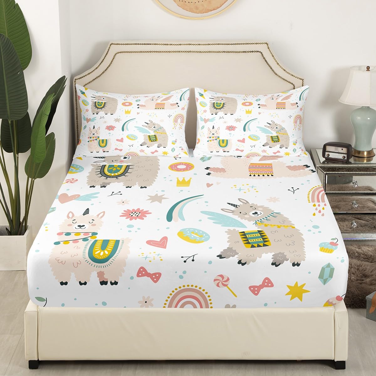 Alpaca Kids Bedding Set - Cute 3D Llama Donut Print Queen Size Bed Sheet Set for Boys & Girls - Cartoon Animal Theme Bed Cover - Perfect for Kids' Room, Nursery Decor & Birthday Gifts
