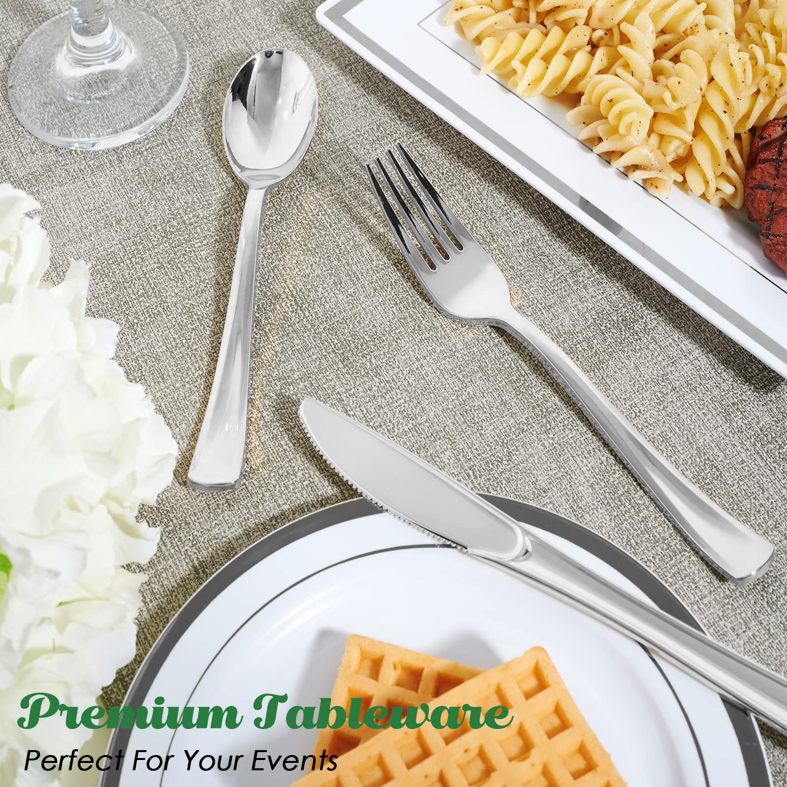 FOCUSLINE 75-Pack Heavy Duty Disposable Plastic Silverware Set - 25 Forks, 25 Knives, 25 Spoons - Durable Plastic Cutlery for Catering, Parties, Weddings & Events - Perfect for BBQs, Picnics, Office Lunches & Family Gatherings