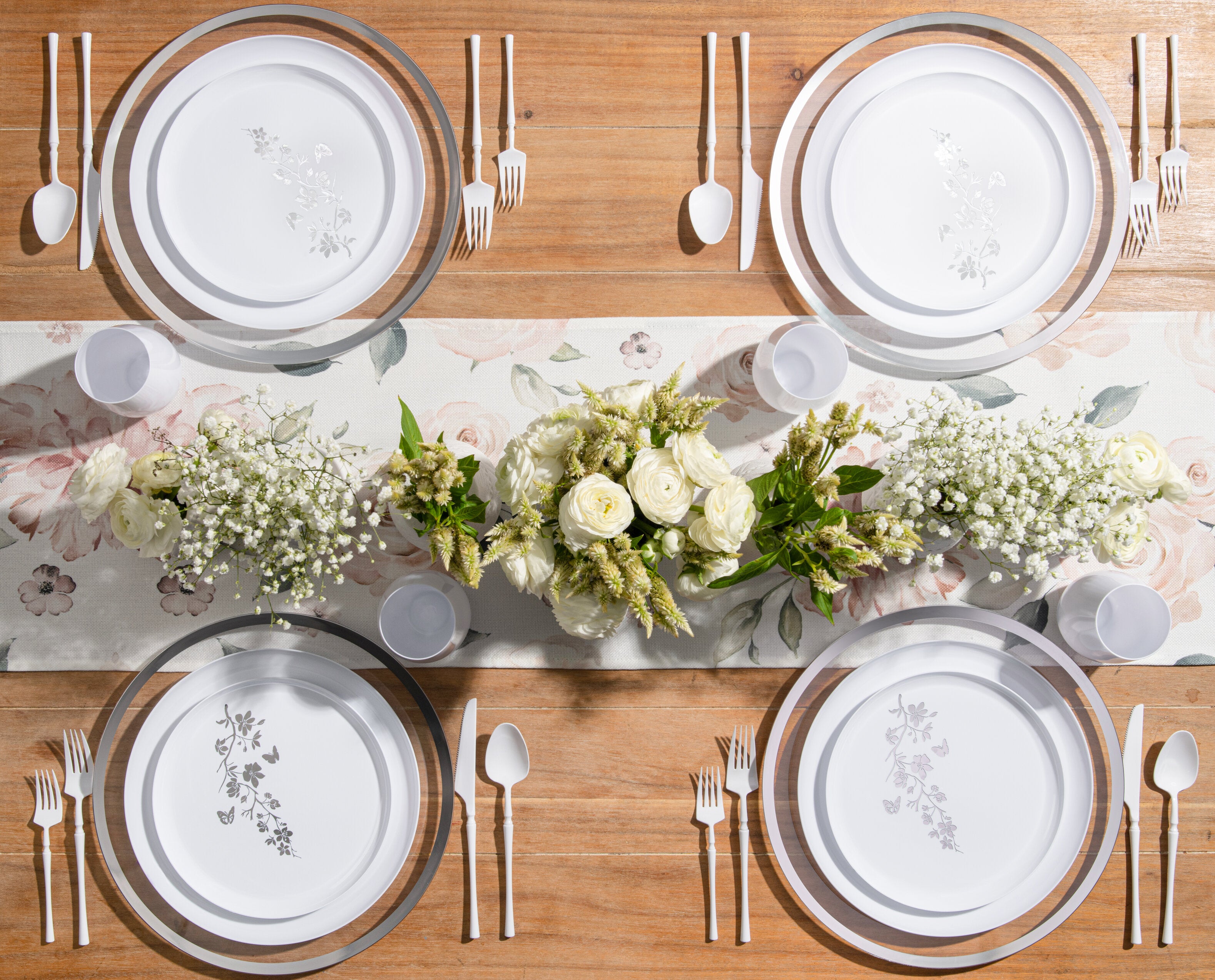 White and Silver Round Plastic Plates - Durable Outdoor Dinnerware for Garden Parties, Picnics, and BBQs