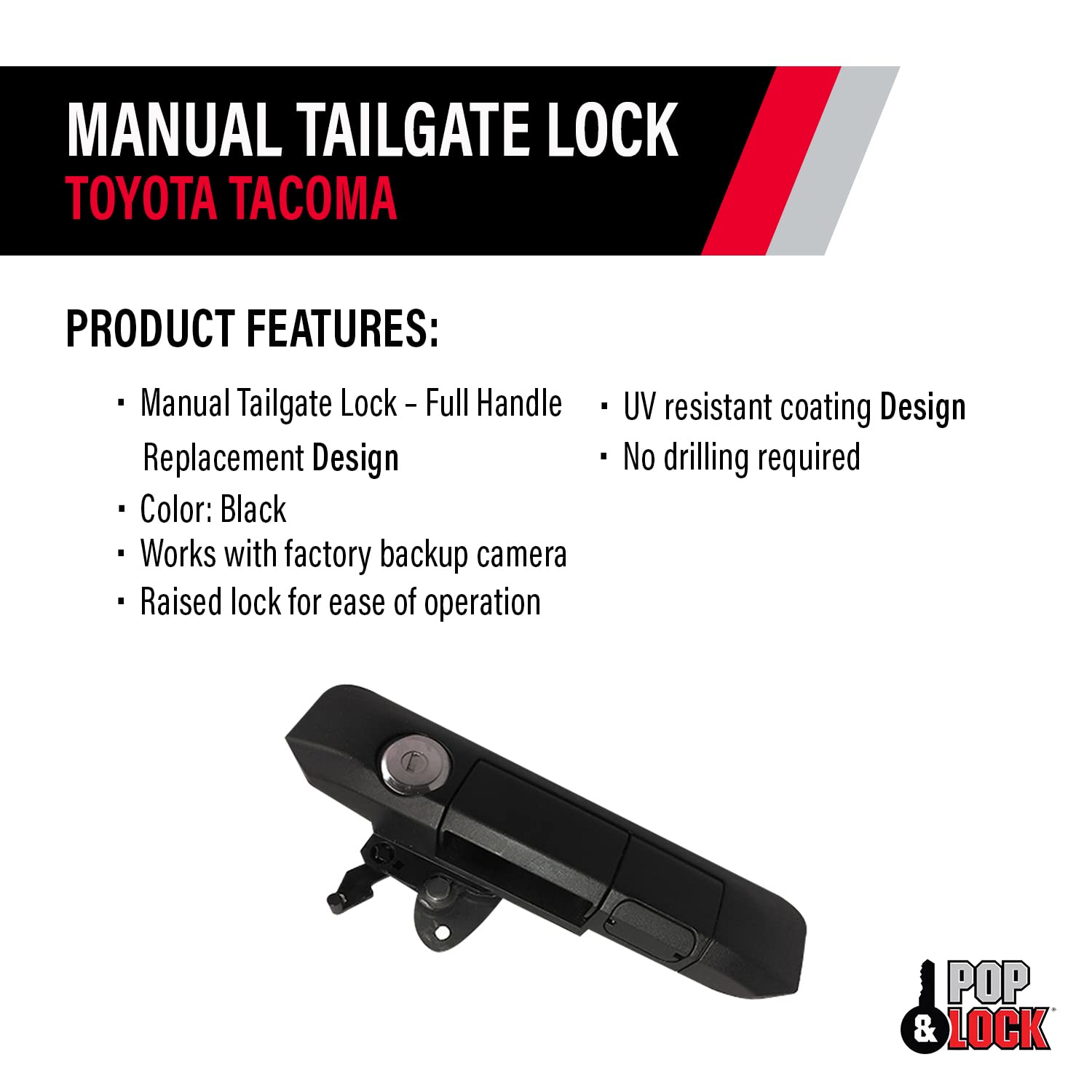 Pop & Lock PL5400 Black Manual Tailgate Lock with Bolt Codeable Technology for Toyota Tacoma - Secure Your Truck Bed for Camping, Work & Outdoor Adventures