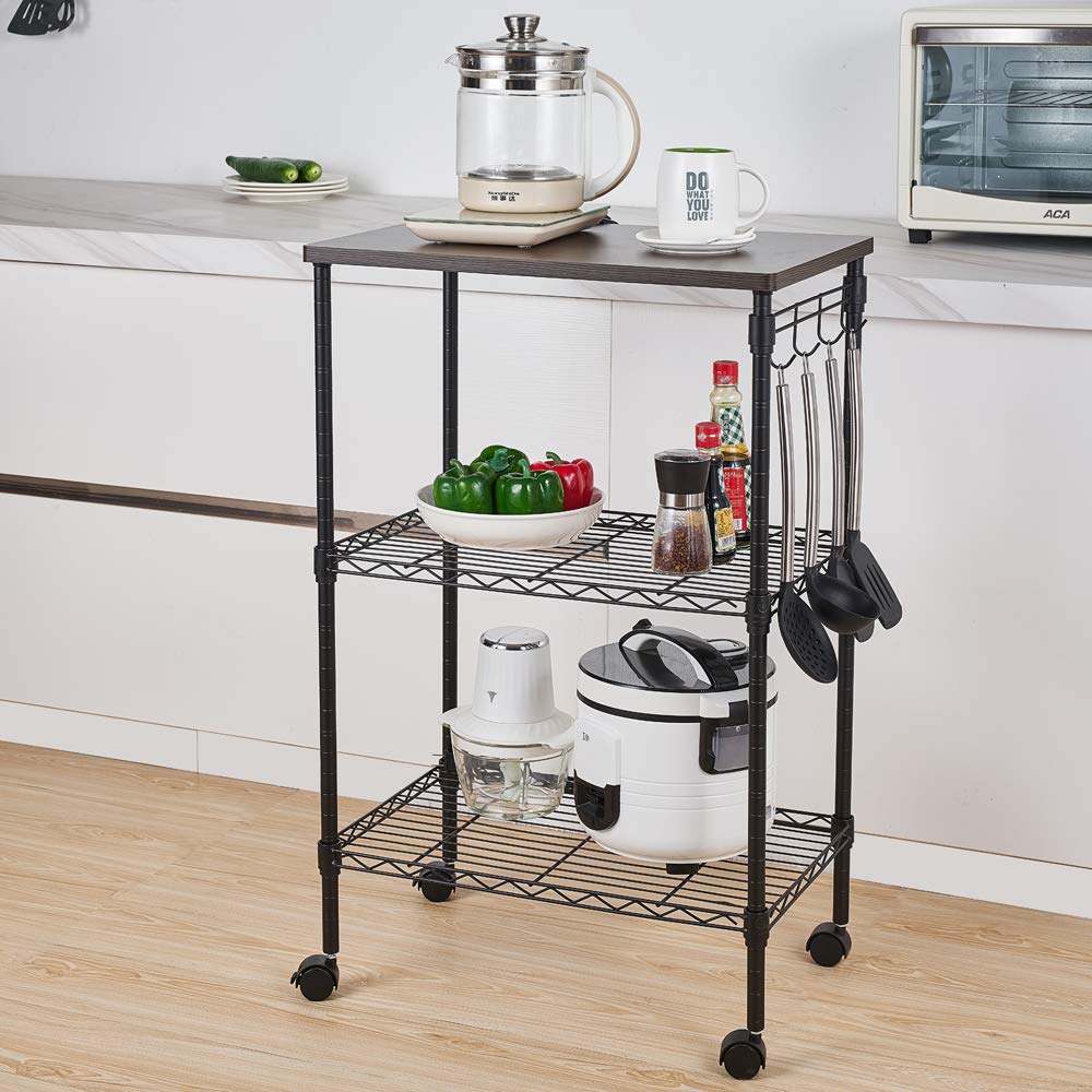 3-Tier Kitchen Cart with Wheels - Wood & Black Storage Rack for Microwave & Pantry Organization