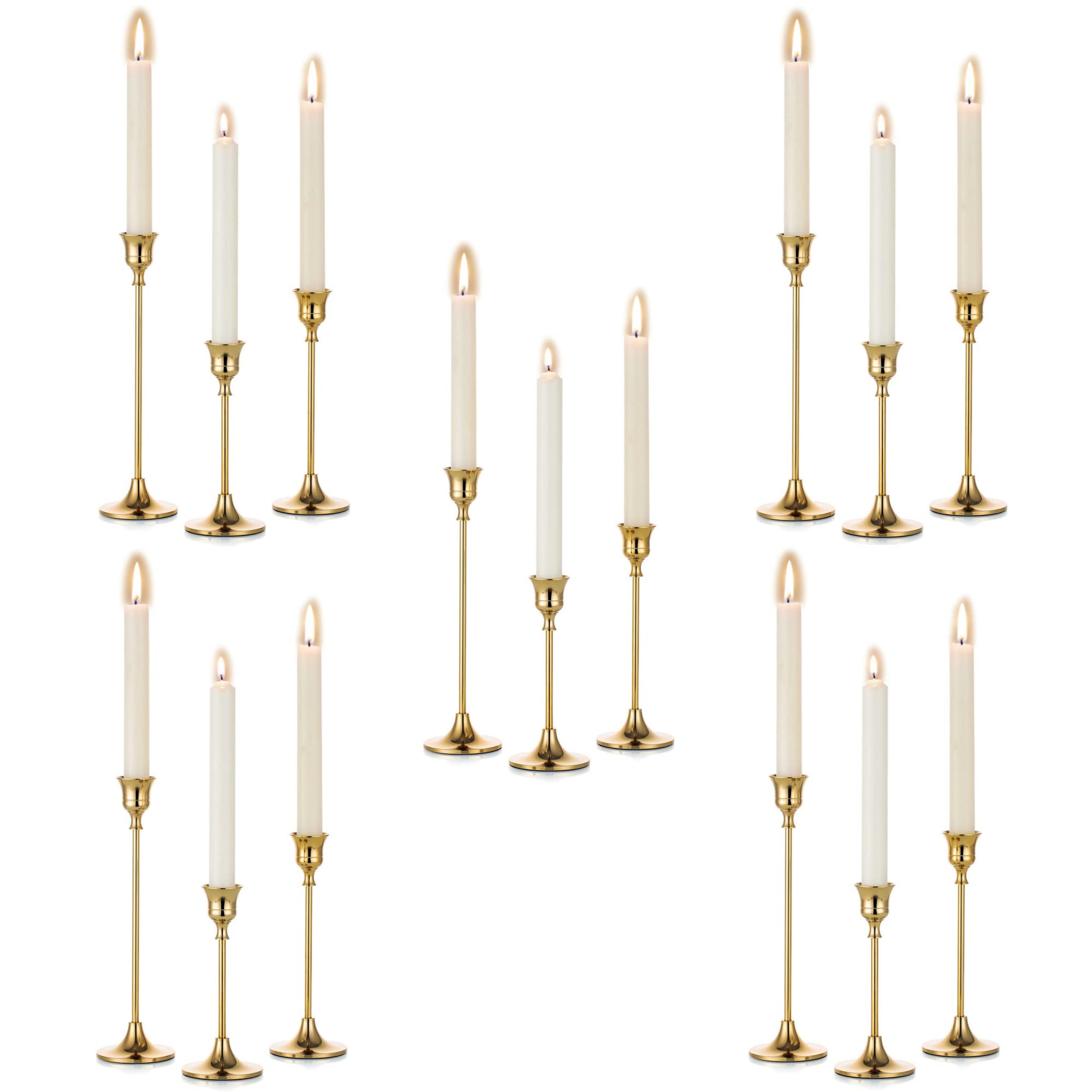 Romadedi Gold Brass Candle Holders Set of 3 - Elegant Taper Candle Sticks for Fireplace Mantel, Dining Table, Wedding & Home Decor - Perfect for Romantic Dinners, Holiday Centerpieces and Special Occasions