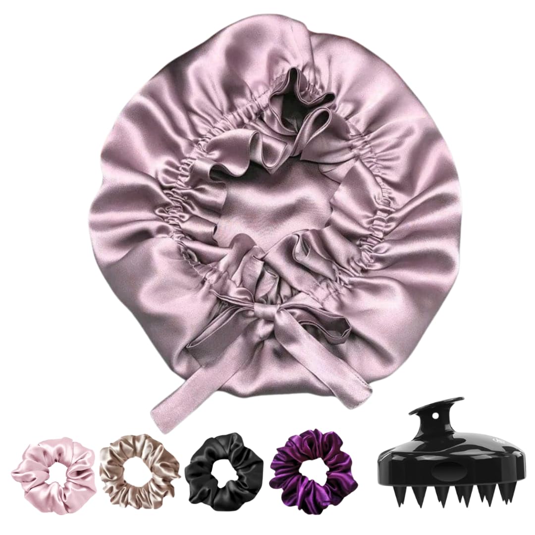 Atrube Women's Reversible Silk Satin Hair Bonnet - Adjustable Tie Band Head Wrap for Sleeping & Hair Protection (Purple) - Perfect for Nighttime Hair Care & Travel Accessories