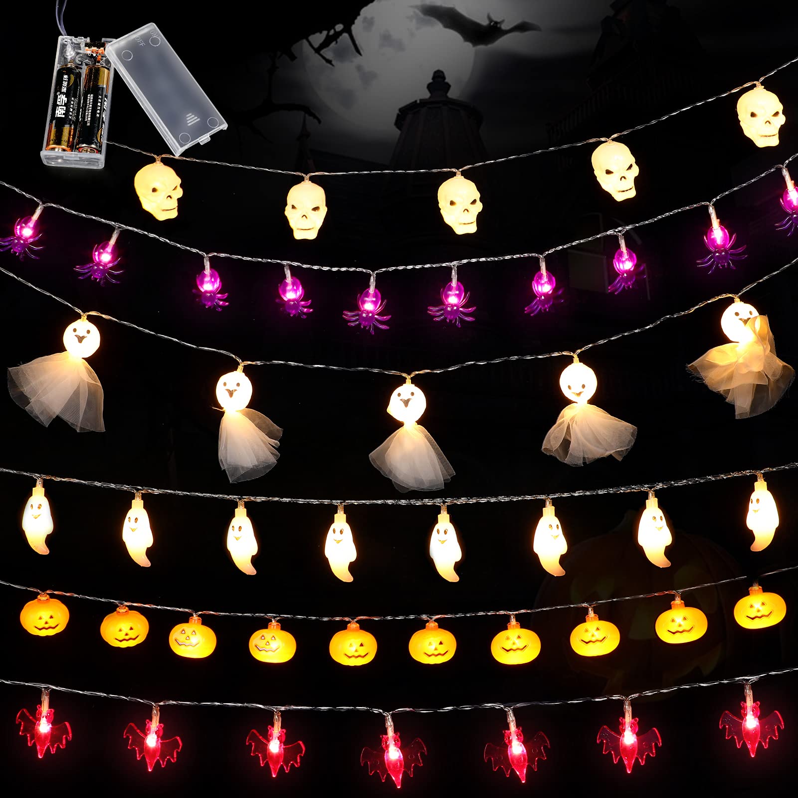 6 Styles Halloween String Lights - 10 LED Pumpkin, Spider, Ghost, Skeleton & Bat Battery Operated Decor Lights for Indoor/Outdoor Halloween Party Decorations | Perfect for Porch, Yard, Garden & Home Halloween Decor