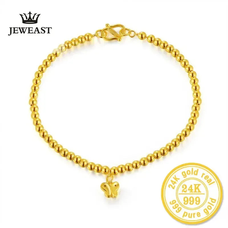24K Pure Gold Bracelet for Women - Classic Ball Butterfly Design, Elegant Bangle Chain & Link Bracelet, 999 Solid Gold Jewelry for Party, Wedding & Special Occasions