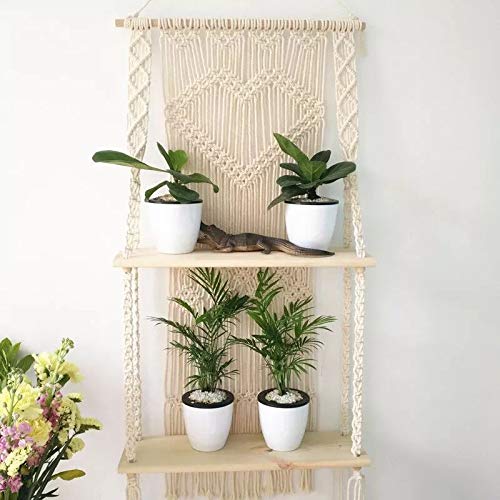 Handmade Macrame Wall Hanging Shelf - Bohemian Cotton & Wood Wall Decor, Organizer & Hanger for Living Room, Bedroom, Bathroom - Boho Chic Home Decor (#1)