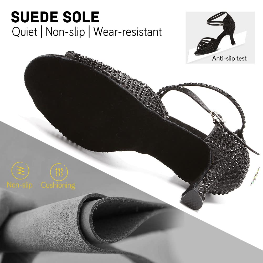 JUODVMP Women's Latin Dance Shoes with Rhinestones - Satin Ballroom Salsa Shoes for Professional Dancers | Perfect for Performances, Competitions & Dance Classes
