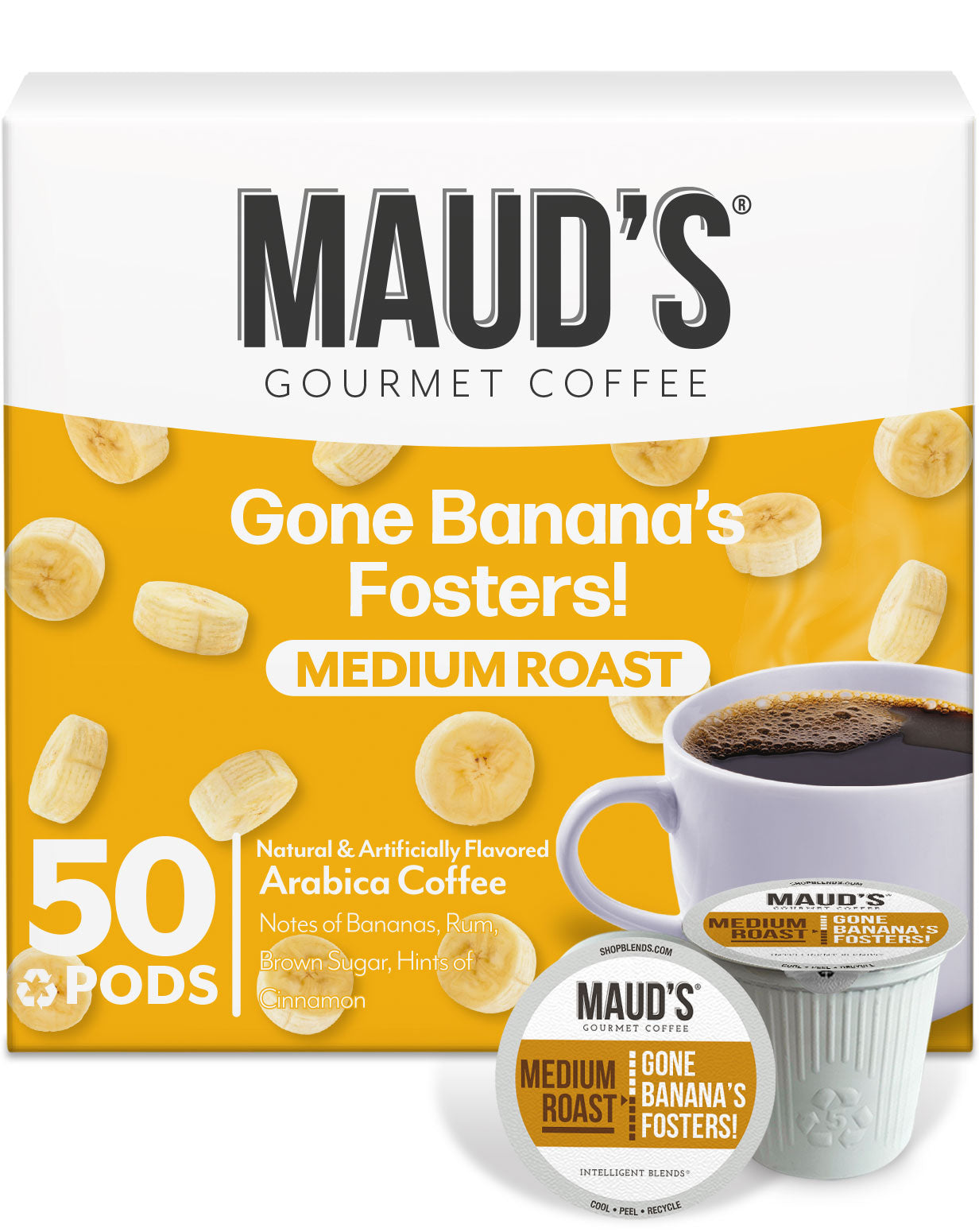 Maud's Banana Foster Flavored Roast Coffee Pods - Single Serve K-Cup Compatible - Rich Caramelized Banana & Rum Flavor - Perfect for Morning Brew & After-Dinner Dessert Coffee