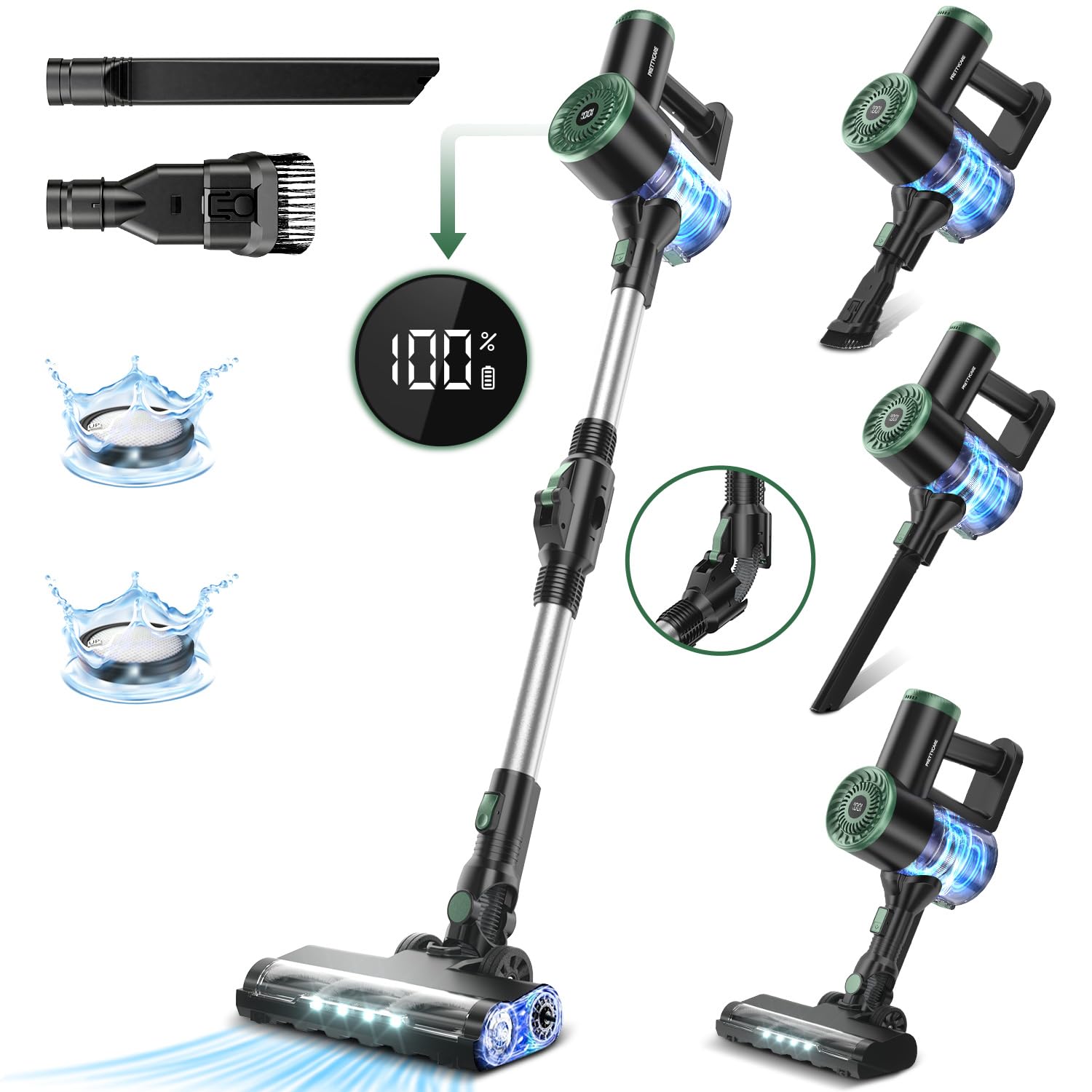 PRETTYCARE Cordless Stick Vacuum Cleaner - 6-in-1 Lightweight Vacuum with LED Display & Self-Standing Design | Powerful Suction for Hardwood Floors, Carpets, Pet Hair | Long Runtime WP1 | Perfect for Home Cleaning, Quick Pickups & Pet Owners