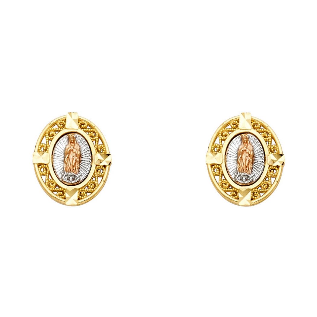 14K Yellow Gold, White Gold & Rose Gold Guadalupe Post Earrings for Women - 10x12mm Virgin Mary Religious Jewelry - Perfect for Church, Weddings & Special Occasions