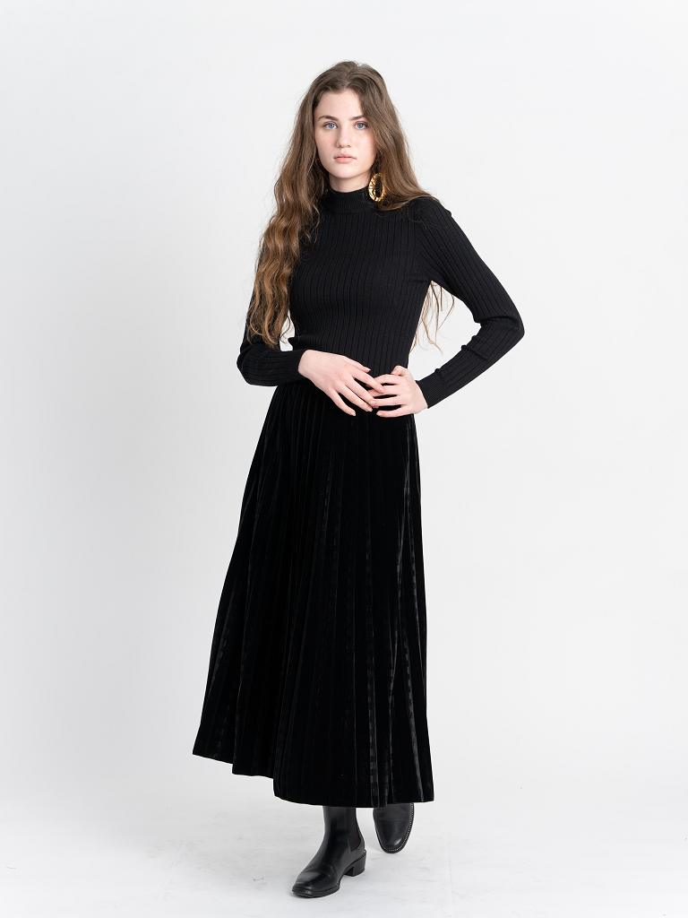 Stylish Accordion Pleated Velour Midi Skirt for Women - Trendy Stretchable High Waist Flared Skirt - Perfect for Fall/Winter Fashion, Office Wear & Date Nights