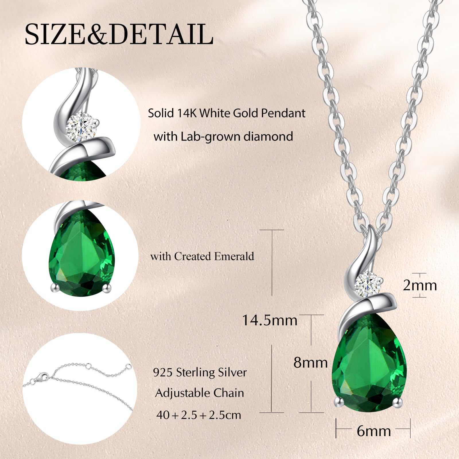 14K Solid White Gold Birthstone Pendant Necklace for Women - Pear Shaped Diamond Teardrop Necklace | Personalized Birthday Gift for Mom | Sterling Silver Chain 16