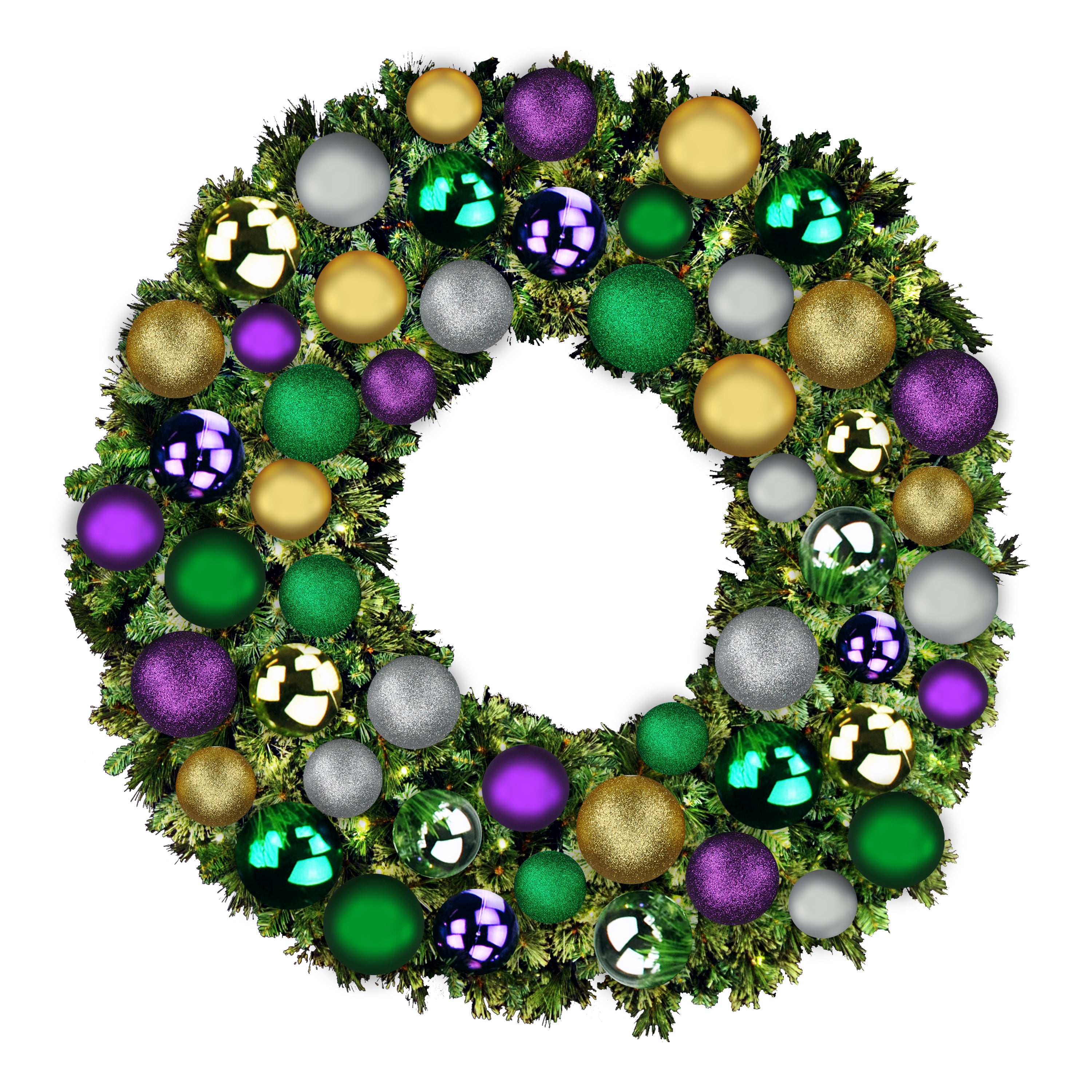 5' Mixed Blend Pine Wreath with Warm White LED Lights & Mardi Gras Ornaments - Perfect for Christmas, Holiday Decor, and Mardi Gras Party Decorations