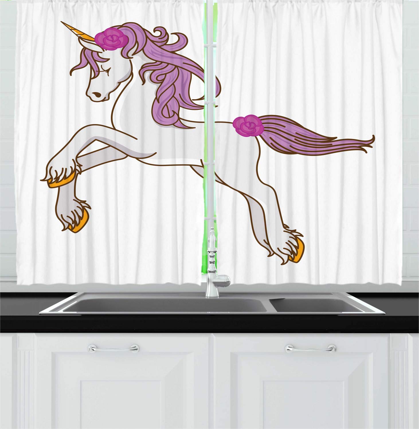 Ambesonne Unicorn Themed Kitchen Curtains - 2 Panel Set with Floral Horse Mane Design, 55