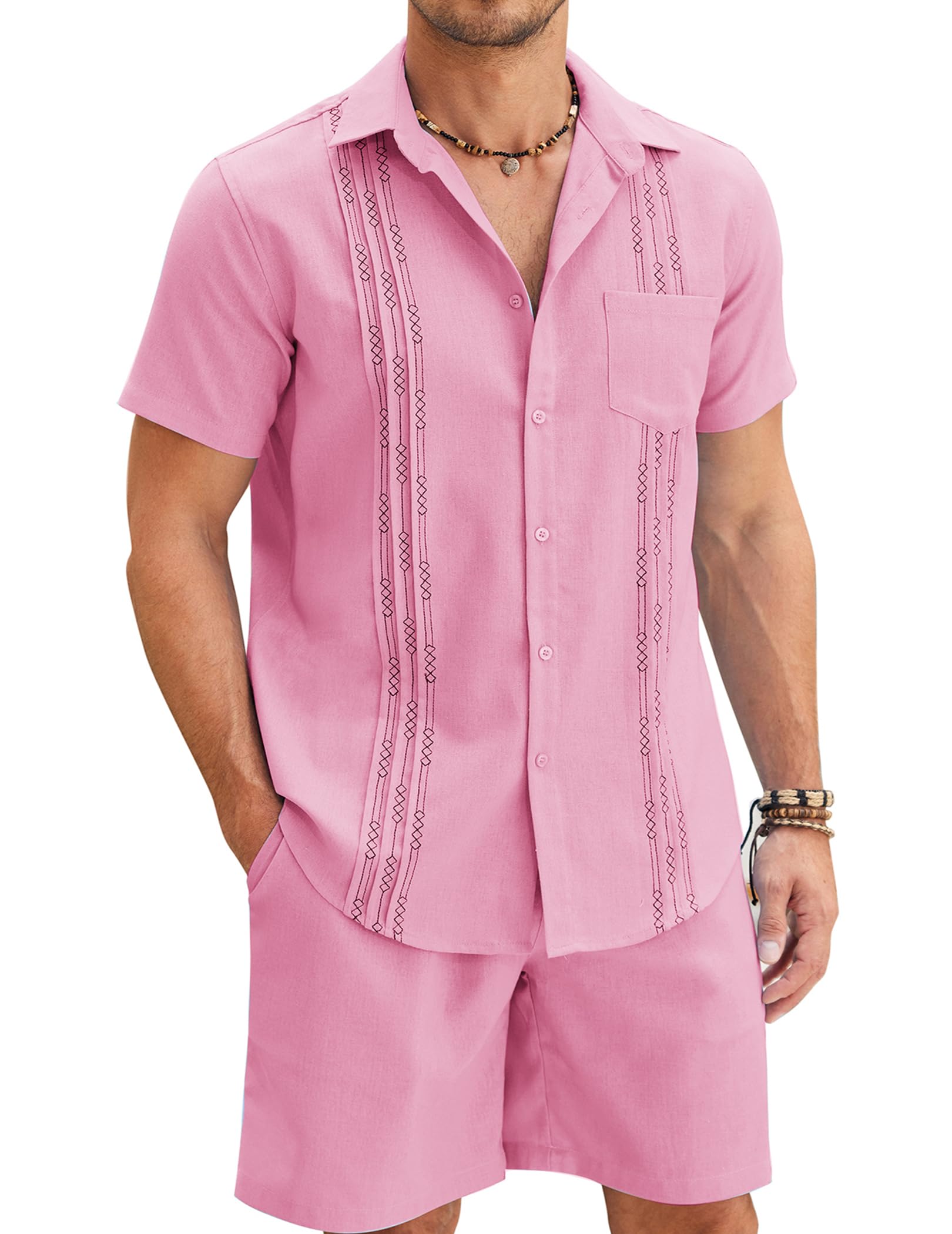 COOFANDY Men's 2-Piece Beach Short Set - Stylish Guayabera & Shorts for Vacation, Resort Wear | Perfect for Summer Outfits, Pool Parties & Tropical Getaways