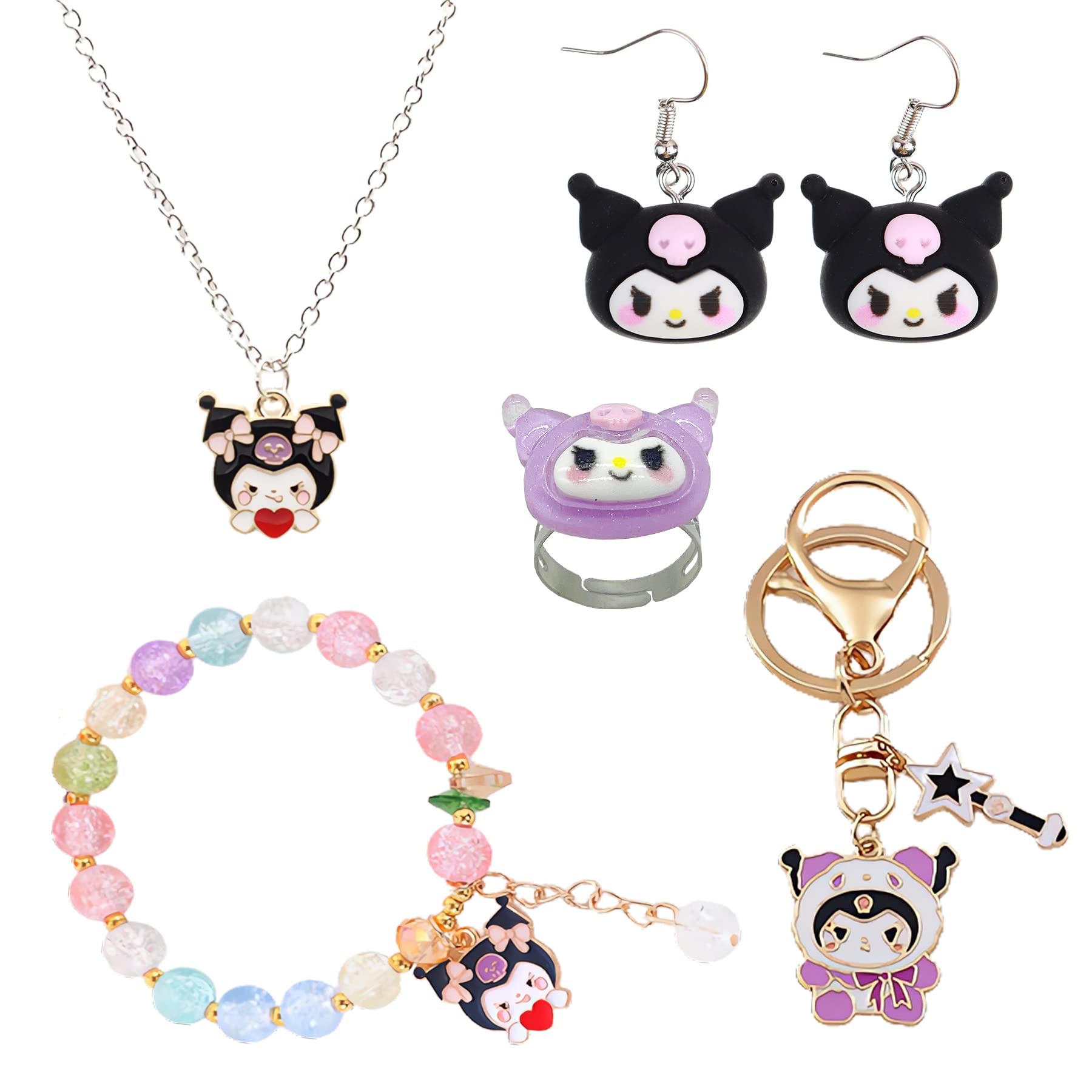 Anime Jewelry Set - Cute Cartoon Bracelet, Earrings, Ring, Necklace & Keychain for Women & Girls | Perfect Birthday Gift & Kawaii Fashion Accessories for Cosplay, Anime Fans & Gift Giving