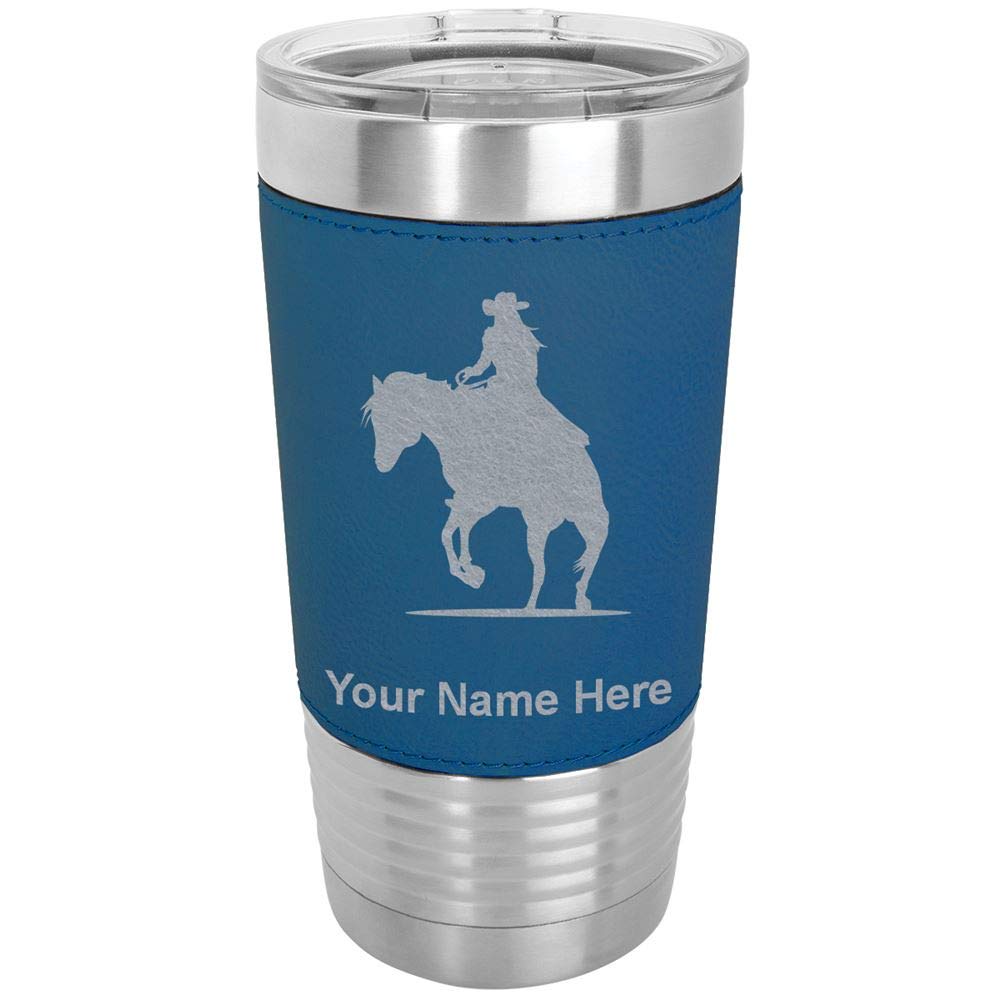 LaserGram 20oz Vacuum Insulated Stainless Steel Tumbler Mug - Personalized Cowgirl Riding Horse Design with Engraving, Leakproof & Sweatproof (Faux Leather, Blue) - Perfect for Coffee, Tea, Cold Drinks at Work, Gym, Travel & Outdoor Adventures