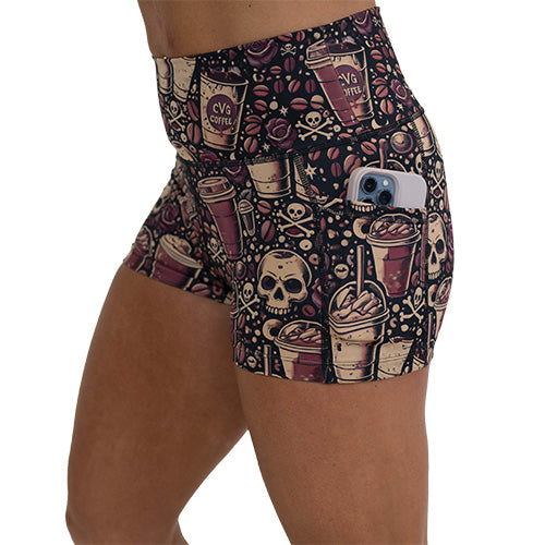 Women's High Waisted Workout Shorts - Caffeine Queen - Comfortable & Breathable for Running, Yoga & Gym