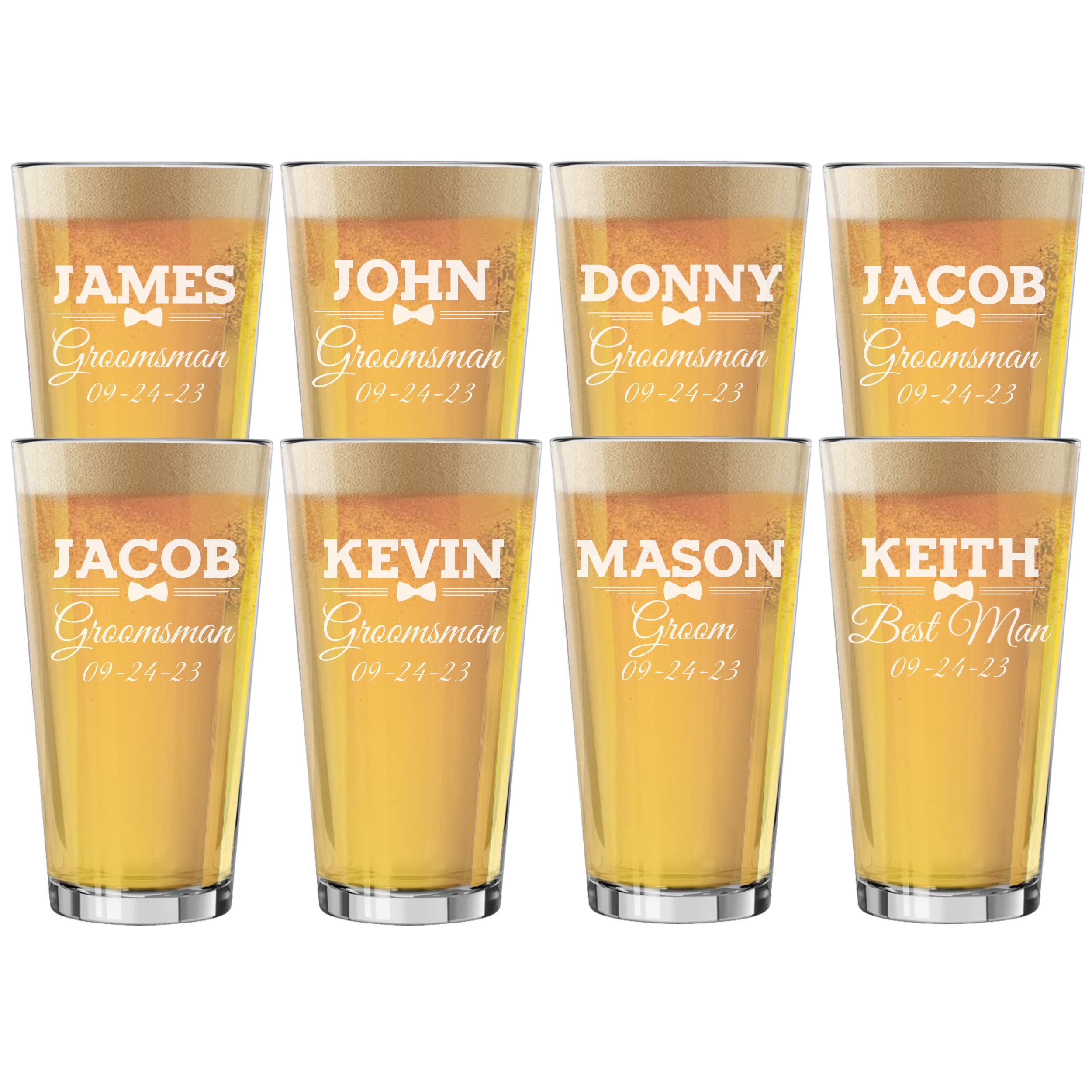 Personalized Groomsman Wedding Pint Glasses Set - Custom Engraved 16oz Beer Mugs for Bachelor Party, Bridal Shower & Anniversary Gifts (3/5/7pc Bow Tie Design) - Perfect for Toasts, Celebrations & Unique Groomsmen Gifts