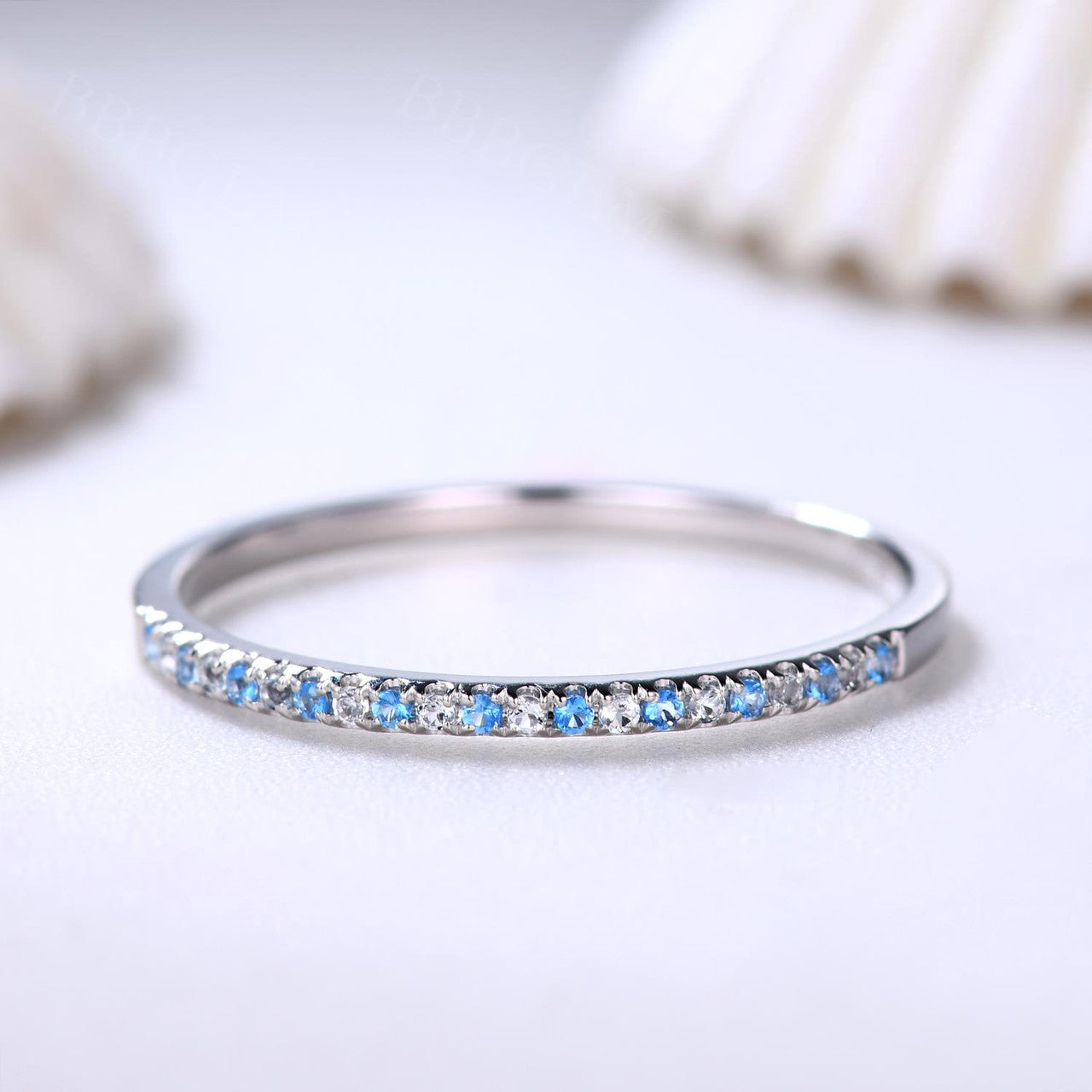 14k White Gold Blue Topaz and Diamond Wedding Ring - Thin Pave Half Eternity Band for Anniversary, Engagement & Special Occasions