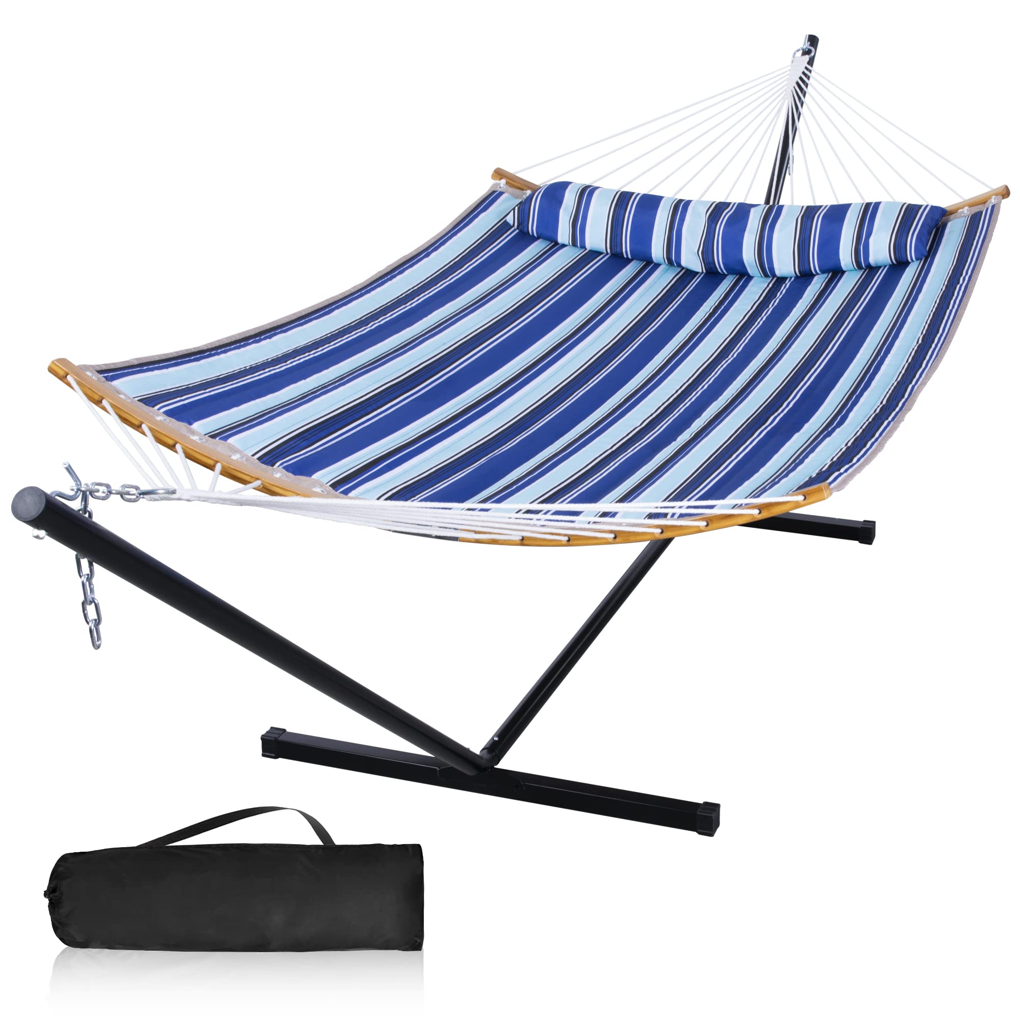 12 Ft Heavy Duty 2 Person Hammock with Stand - 450 lbs Capacity Outdoor Freestanding Hammock with Curved Spreader Bar, Pillow & Portable Carry Bag - Blue Stripes Design for Backyard, Patio, Camping & Beach Relaxation