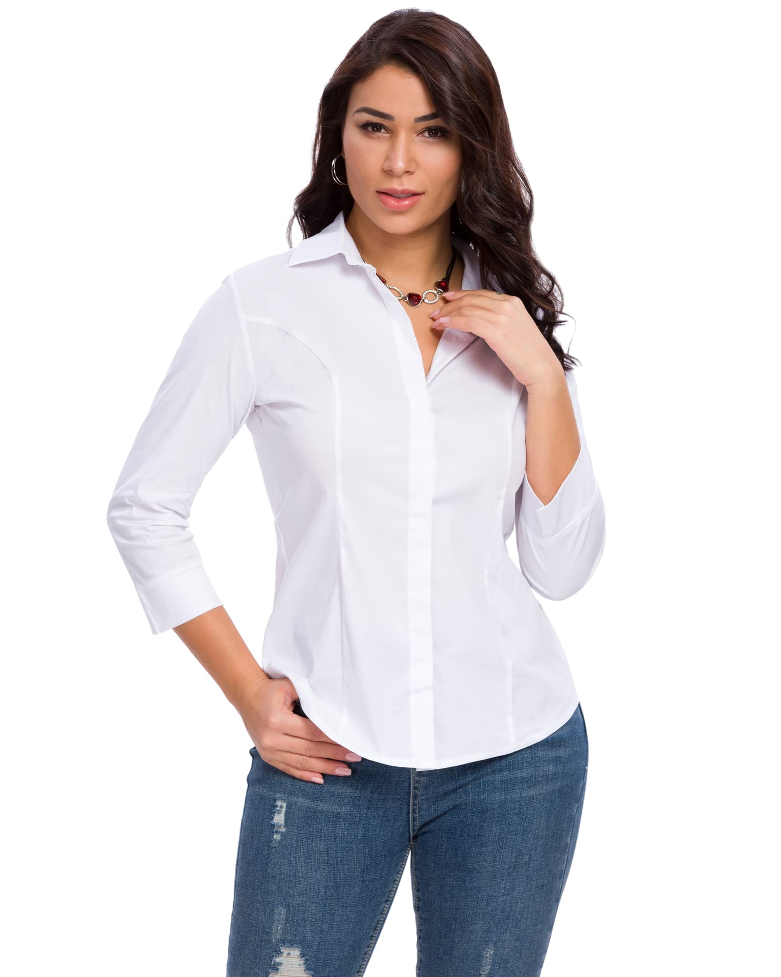 Women's 3/4 Sleeve White Stretch Button Down Blouse - Formal Office Shirt & Summer Dress Top for Work, Business, and Casual Outings