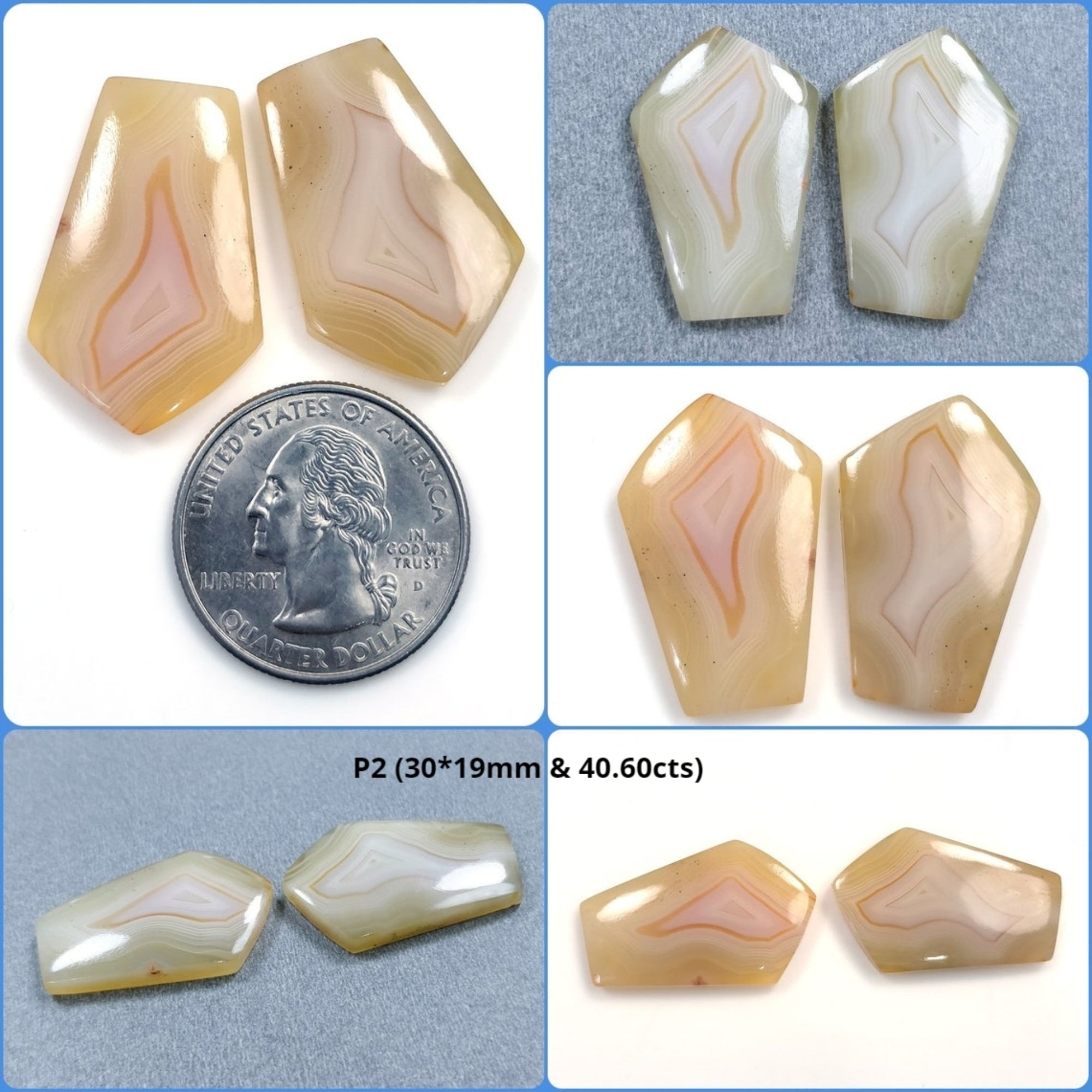 Natural Botswana Agate Gemstone Cabochon - Untreated Bi-Color Agate in 19x17mm & 36x20mm Sizes (Pair) for Jewelry Making, Wire Wrapping & Crystal Healing