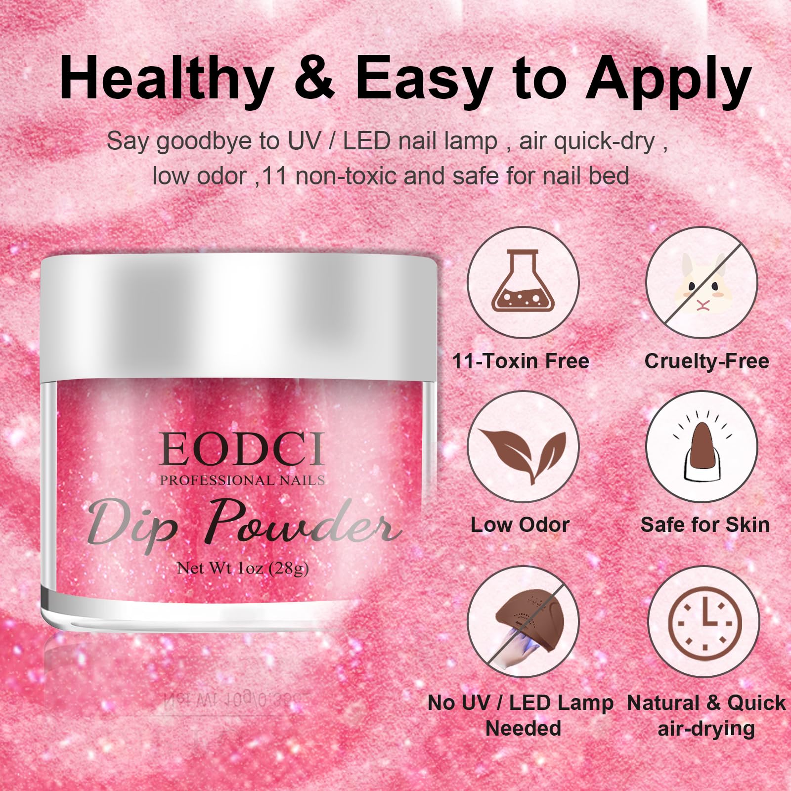Glitter Pink Dip Powder for Nails - 1 Oz/28g No Lamp Needed, Spring & Summer Dip Nail Kit, Gel-Like Shine & Natural Dry Finish - Perfect for Nail Salon & DIY Manicures at Home