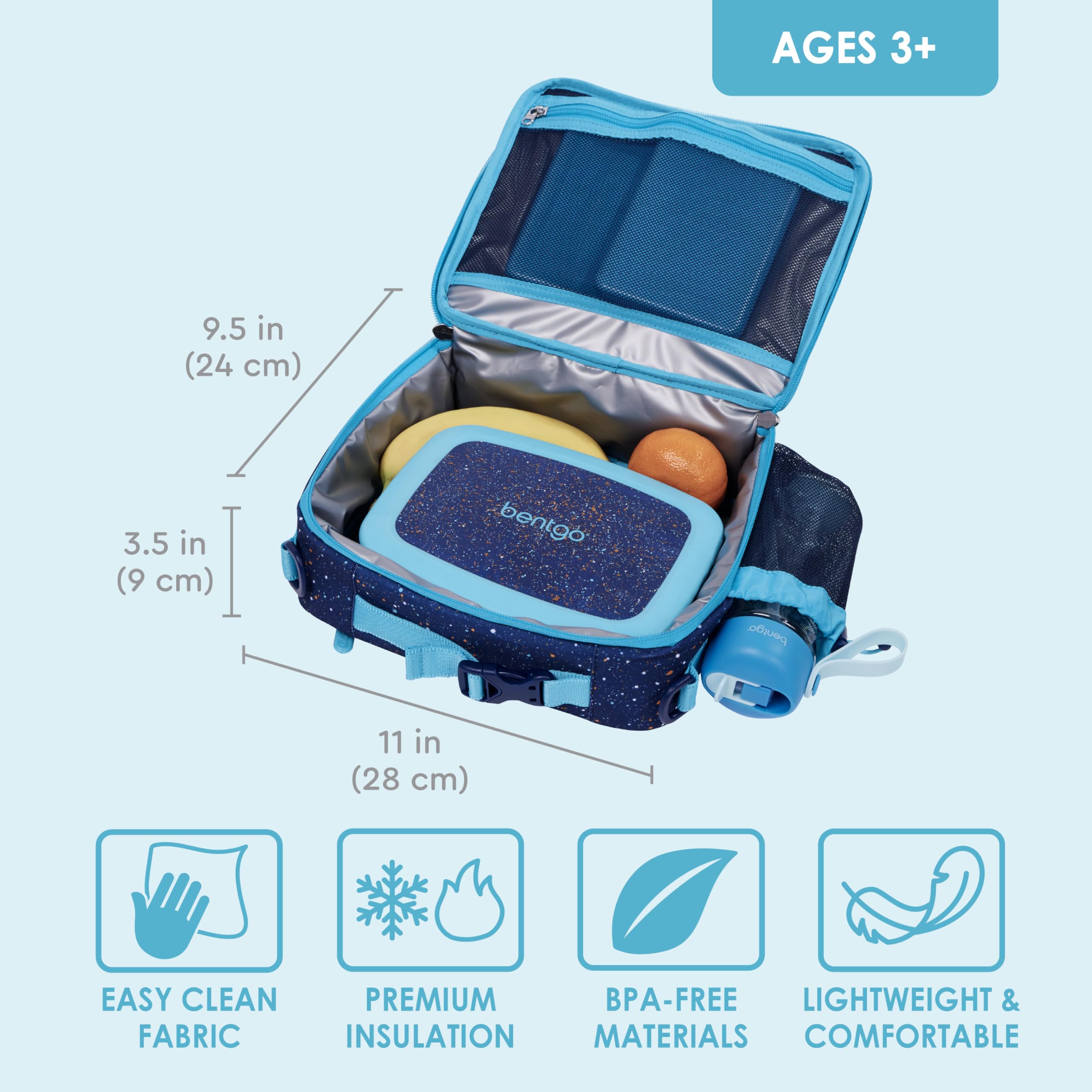 Bentgo Kids Insulated Lunch Bag for School - Confetti Design, Abyss Blue, Waterproof & Easy to Clean | Holds Lunch Box, Water Bottle & Snacks | Perfect for Preschool, Daycare & Outdoor Activities (Confetti Edition)